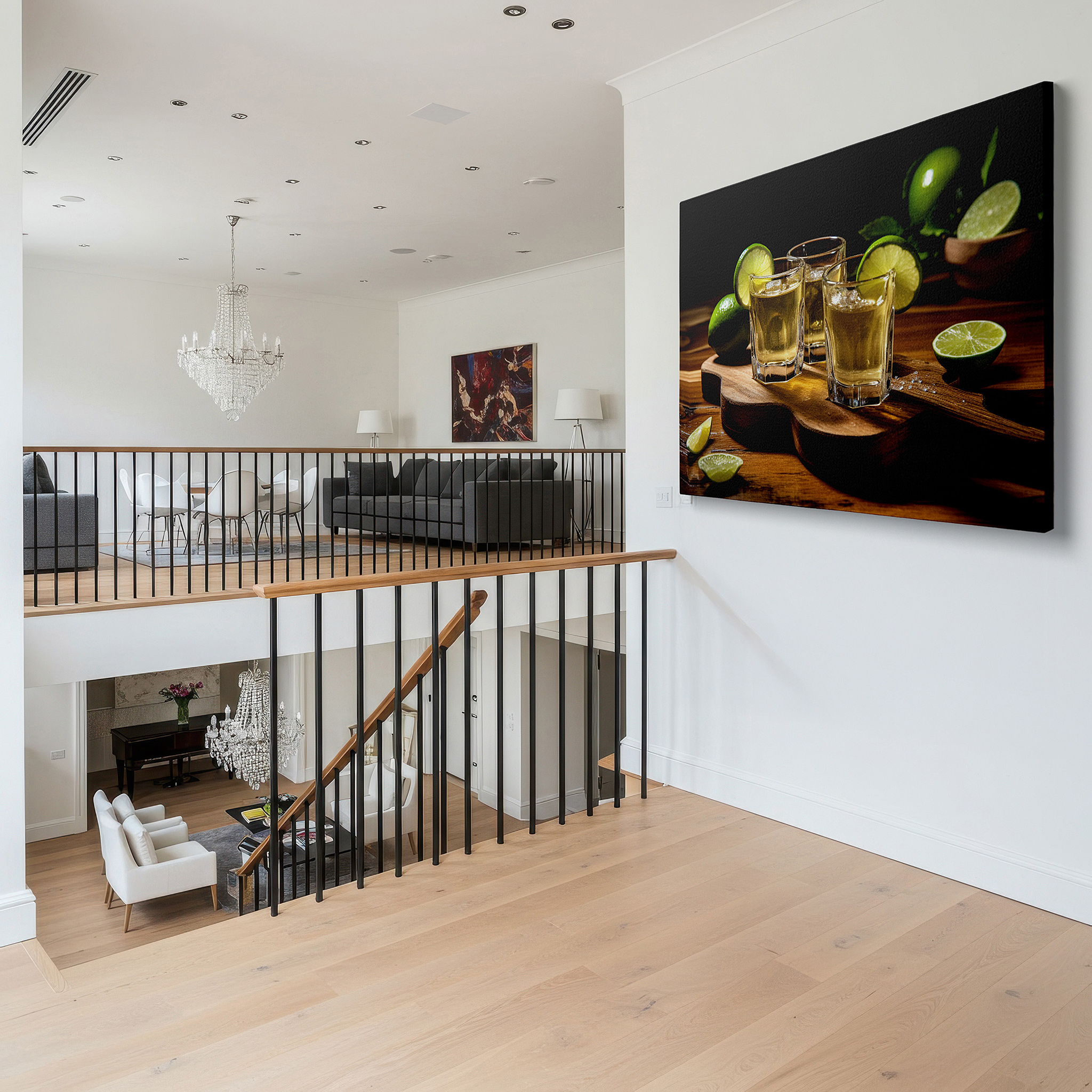 Displayed above a contemporary leather sofa in warm light — tequila shots with lime on rustic wood: celebrating warmth and conviviality - large wall art, canvas wall art, wall decor for office and bedroom