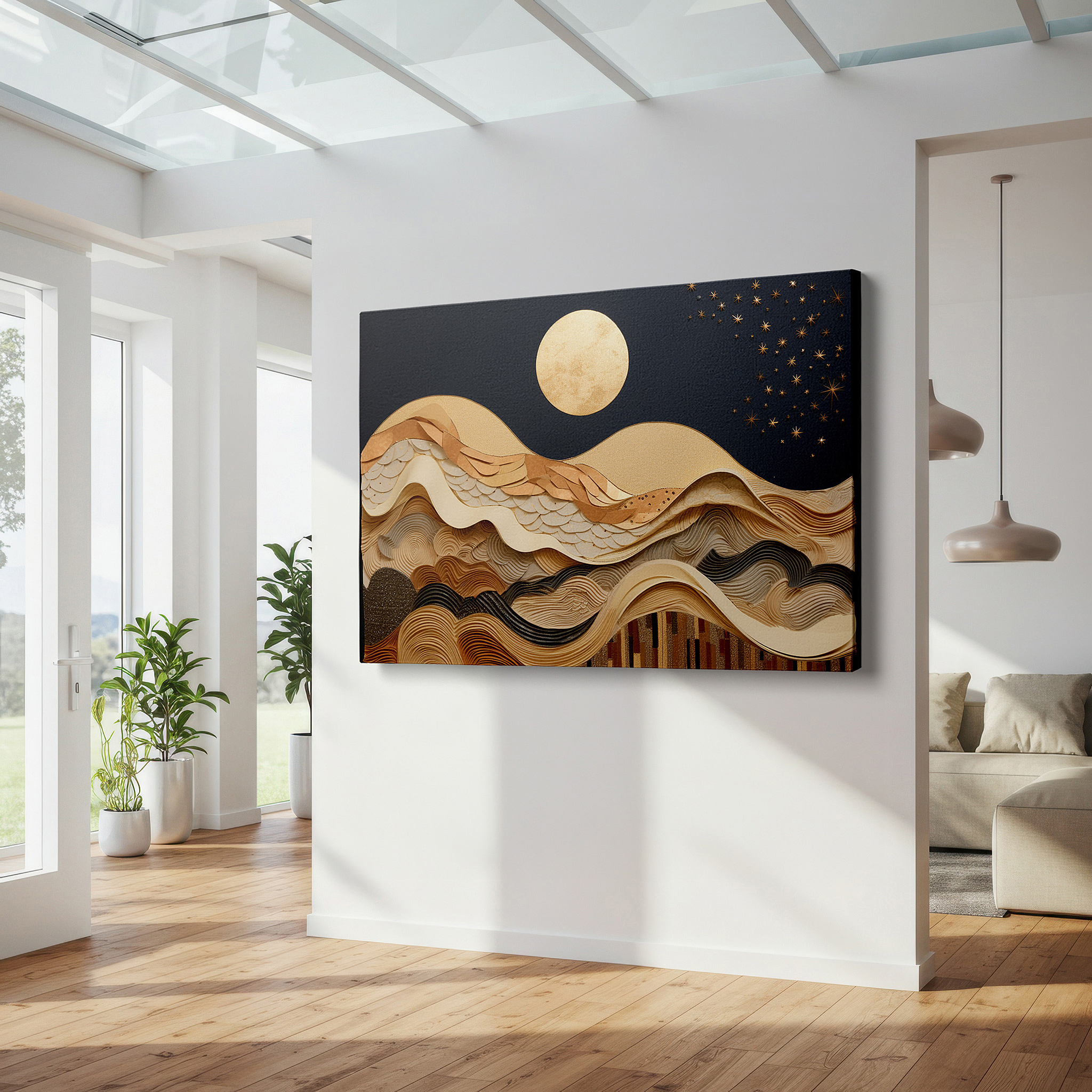 Displayed above a contemporary leather sofa in warm light — textured waves and golden moon in a deep blue sky - capturing nature's majestic beauty large wall art, canvas wall art, wall decor for office