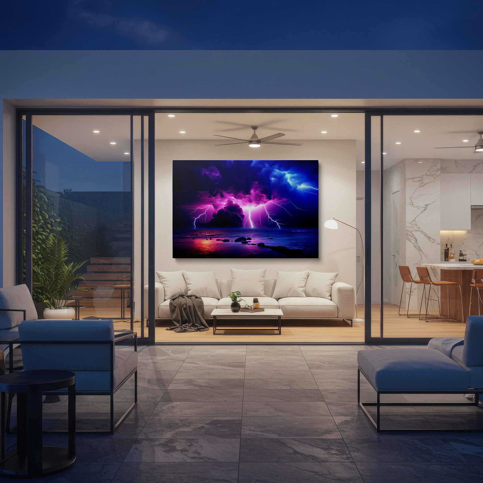 Displayed above a contemporary leather sofa in warm light — thunderstorm over the ocean: showcasing the wild power and beauty of nature - large wall art, canvas wall art, wall decor for office