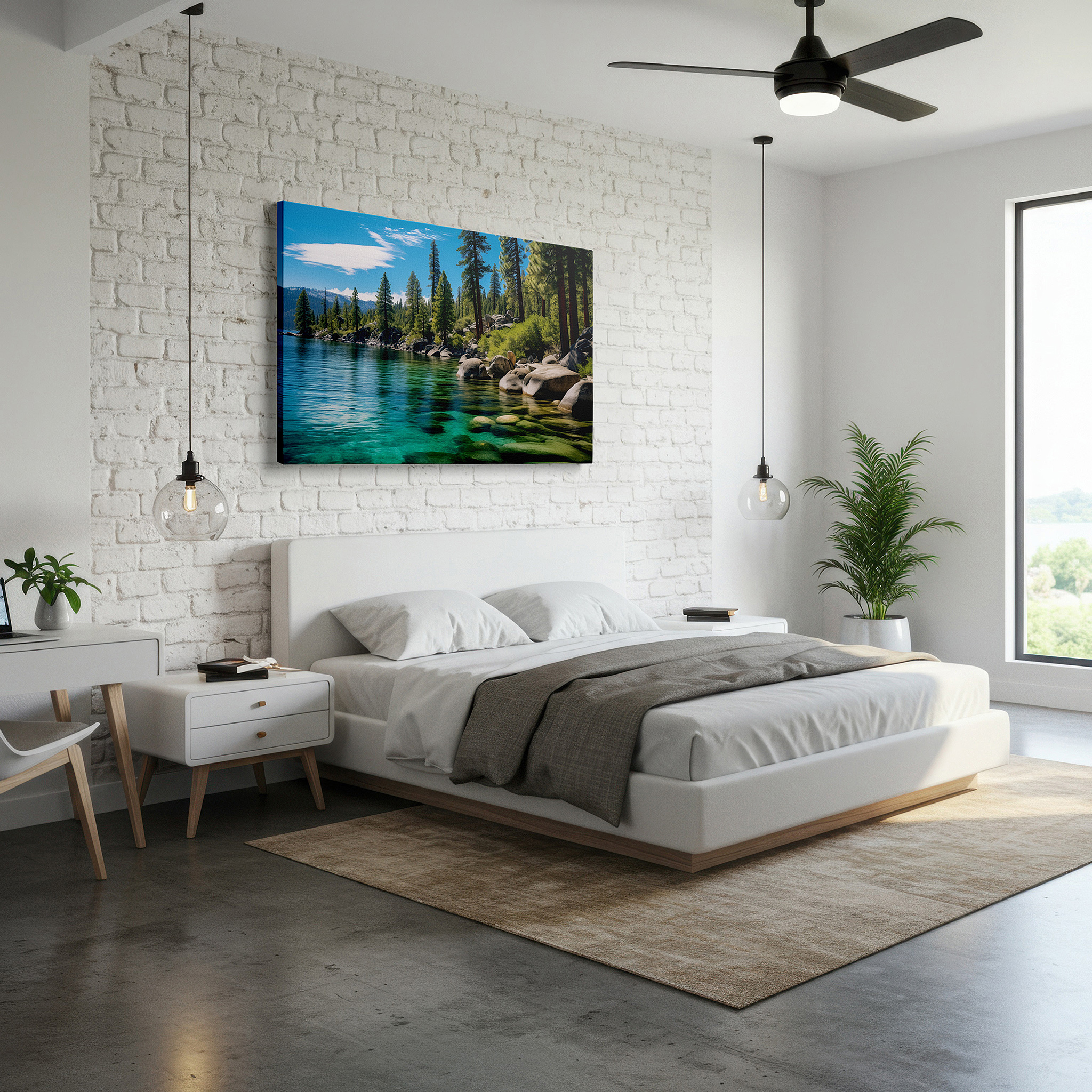 Displayed above a contemporary leather sofa in warm light — tranquil lakeside view featuring sky, water, rocks, and pine trees - ideal for peaceful environments, large canvas wall art, home and office decor