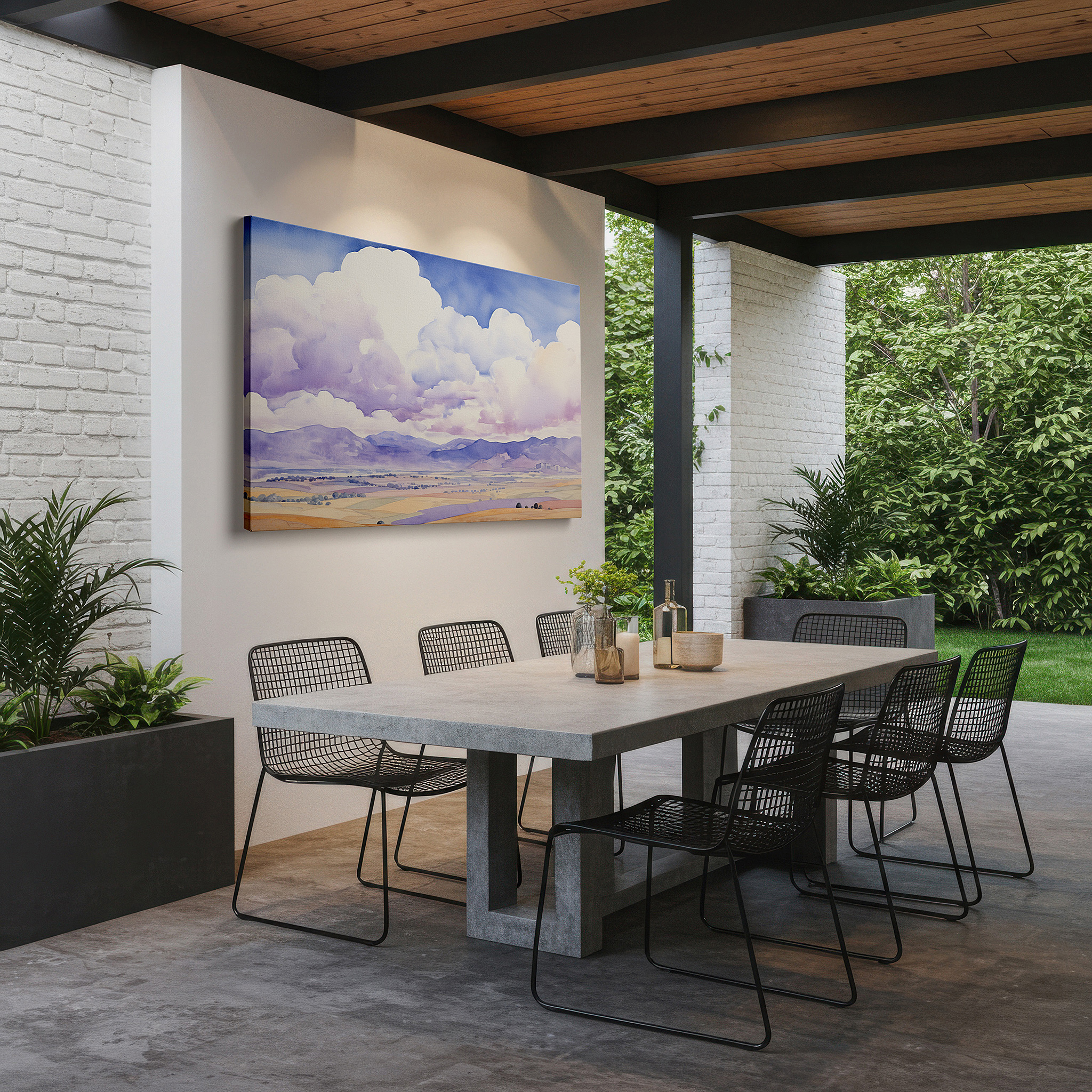 Displayed above a contemporary leather sofa in warm light — tranquil landscape with ethereal clouds and distant mountains, symphony of serenity large wall art, canvas wall art, wall decor for office