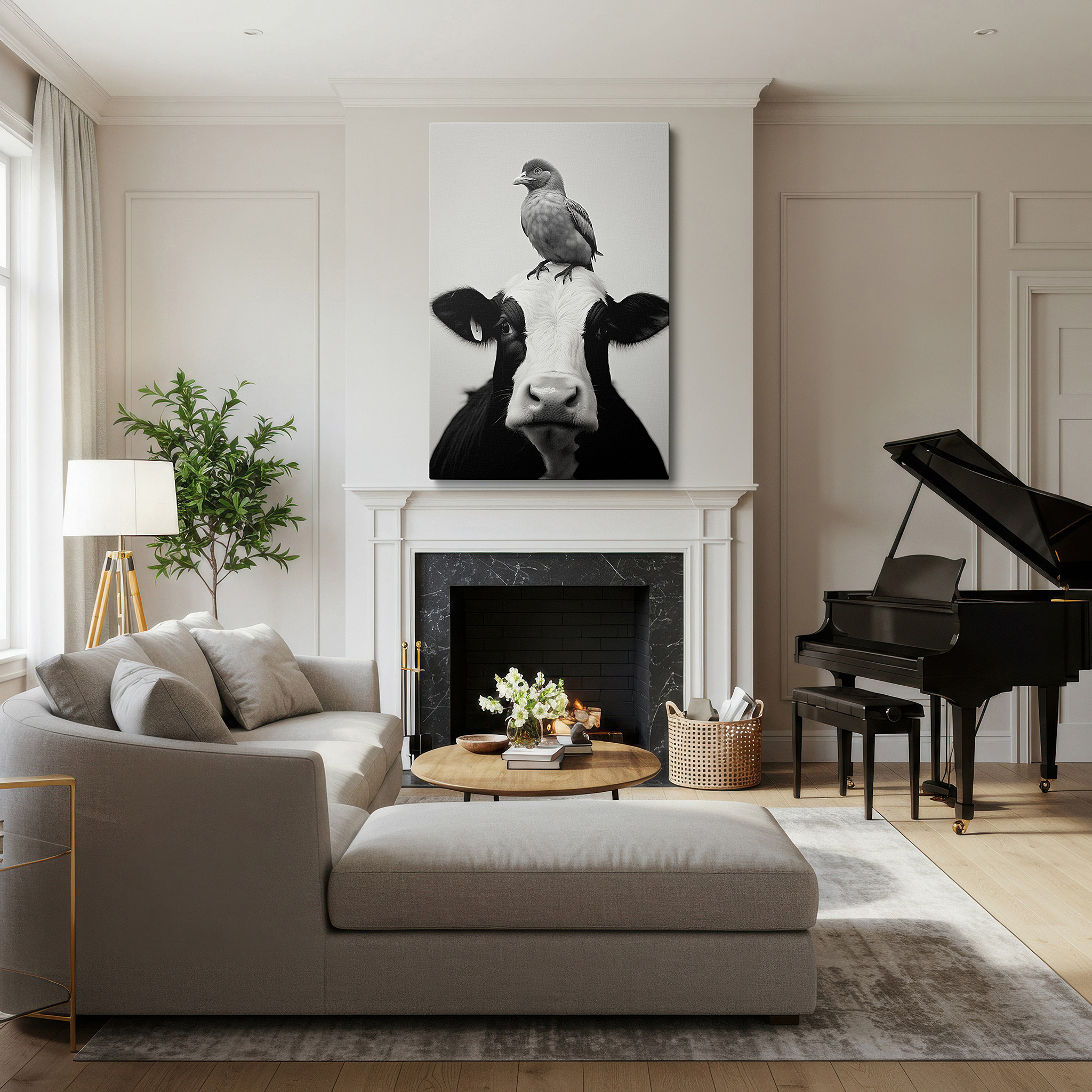 Displayed above a contemporary leather sofa in warm light — tranquil unity of cow and bird in monochrome harmony: large canvas wall art for office, bedroom, and living room decor