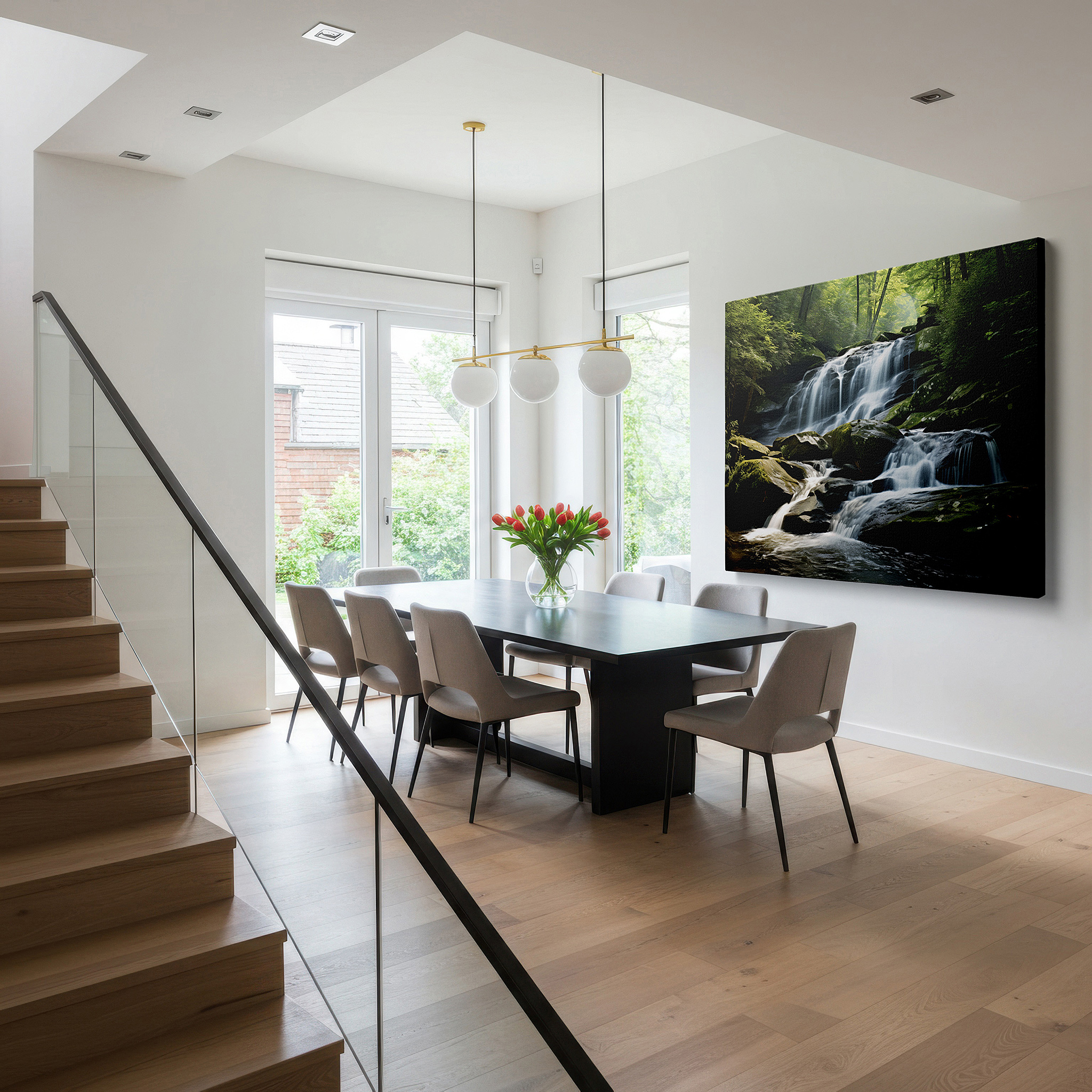 Displayed above a contemporary leather sofa in warm light — tranquil waterfall oasis wall art: large canvas print for office, bedroom, and living room decor, featuring lush forest canopy