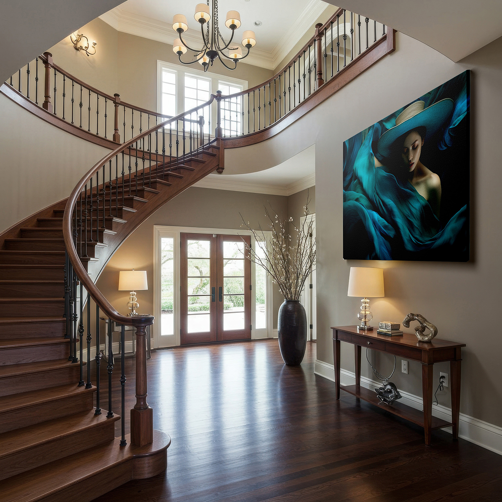 Displayed above a contemporary leather sofa in warm light — turquoise tranquility: a graceful and mysterious portrait - large wall art, canvas wall art, wall decor for office and bedroom