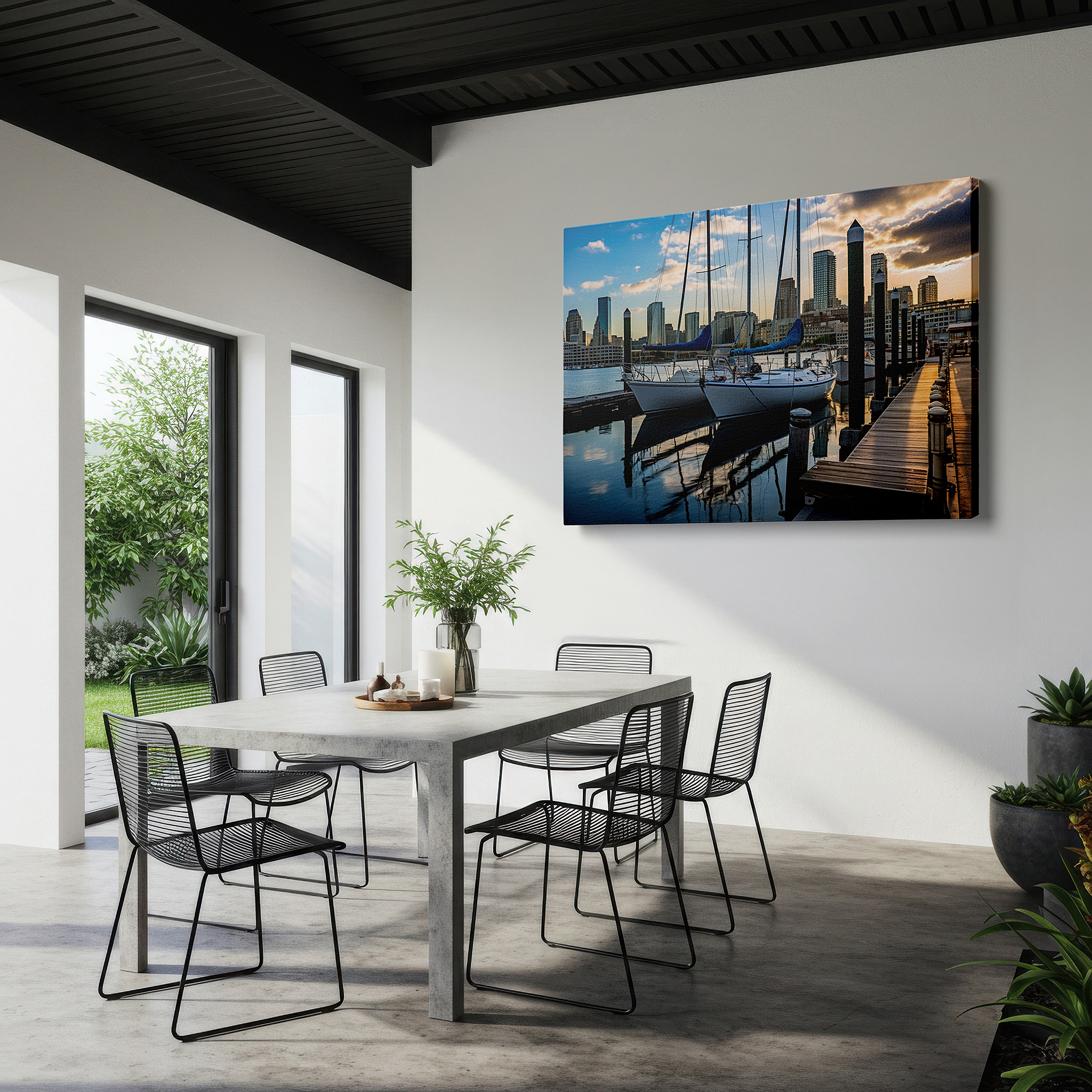 Displayed above a contemporary leather sofa in warm light — urban harbor at sunset: tranquil elegance with sailboats and city skyline - large canvas wall art for office and bedroom decor