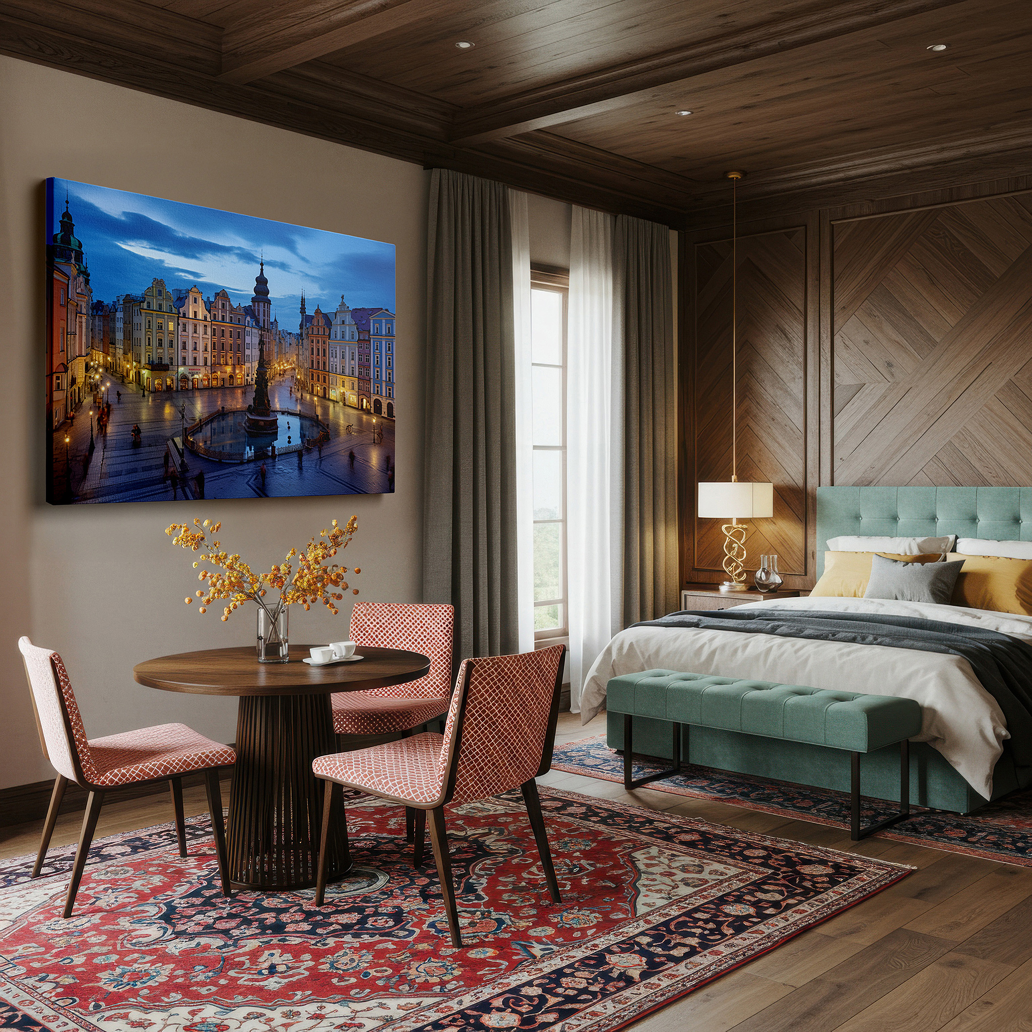 Displayed above a contemporary leather sofa in warm light — urban oasis at dusk: vibrant city square with sculpted fountain and majestic buildings - large wall art, canvas wall art, wall decor for office