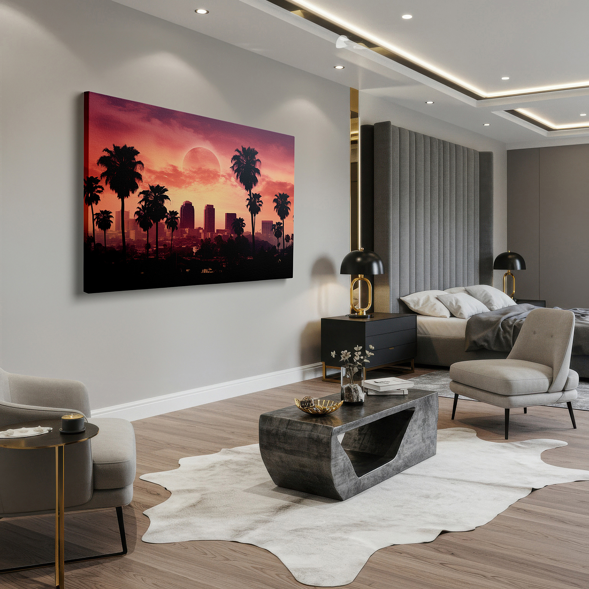 Displayed above a contemporary leather sofa in warm light — urban and tropical sunset skyline - serene fusion of city and nature large wall art, canvas decor for office and bedroom