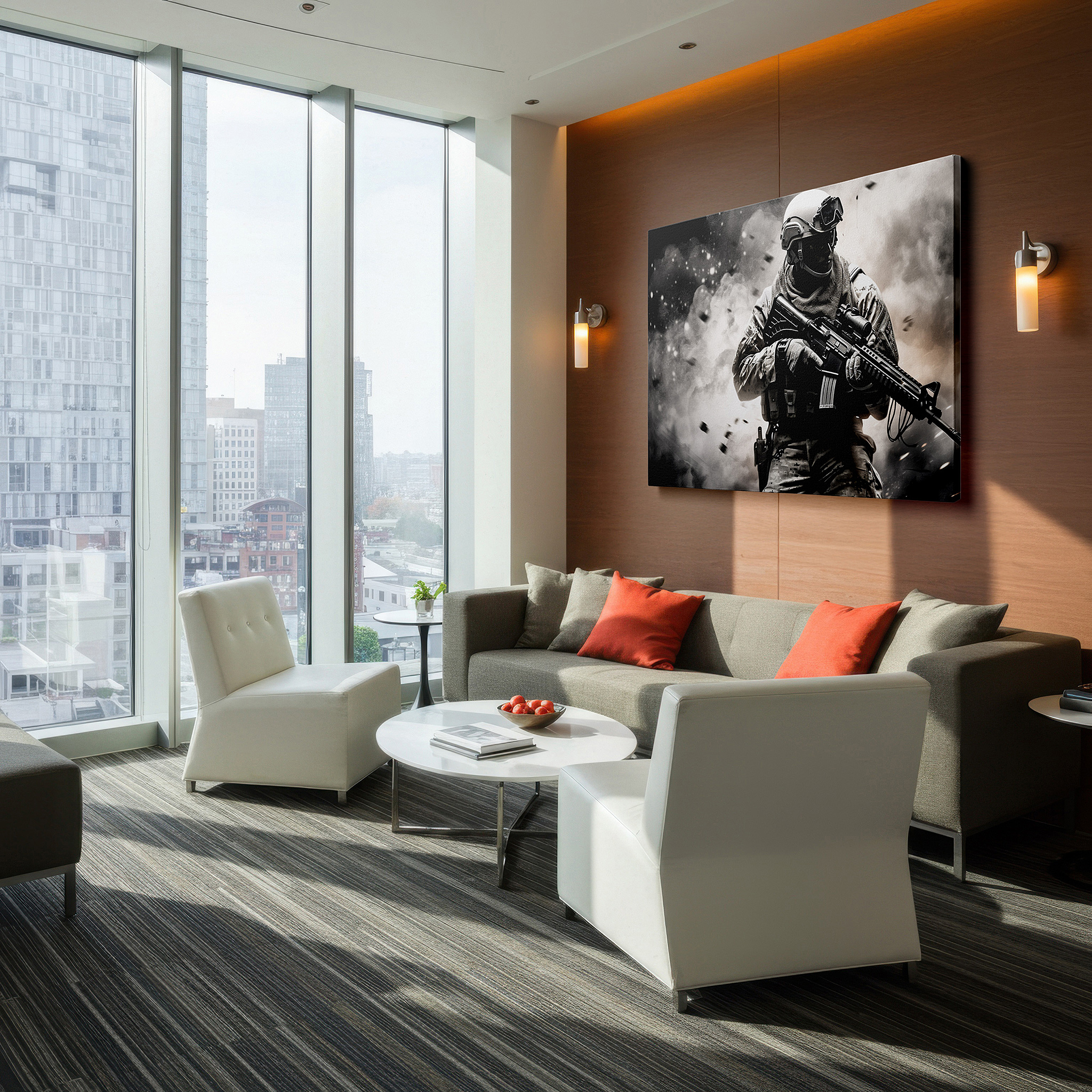 Displayed above a contemporary leather sofa in warm light — valor soldier in intense conflict, emblem of power and preparedness, large canvas wall art for office and bedroom decor