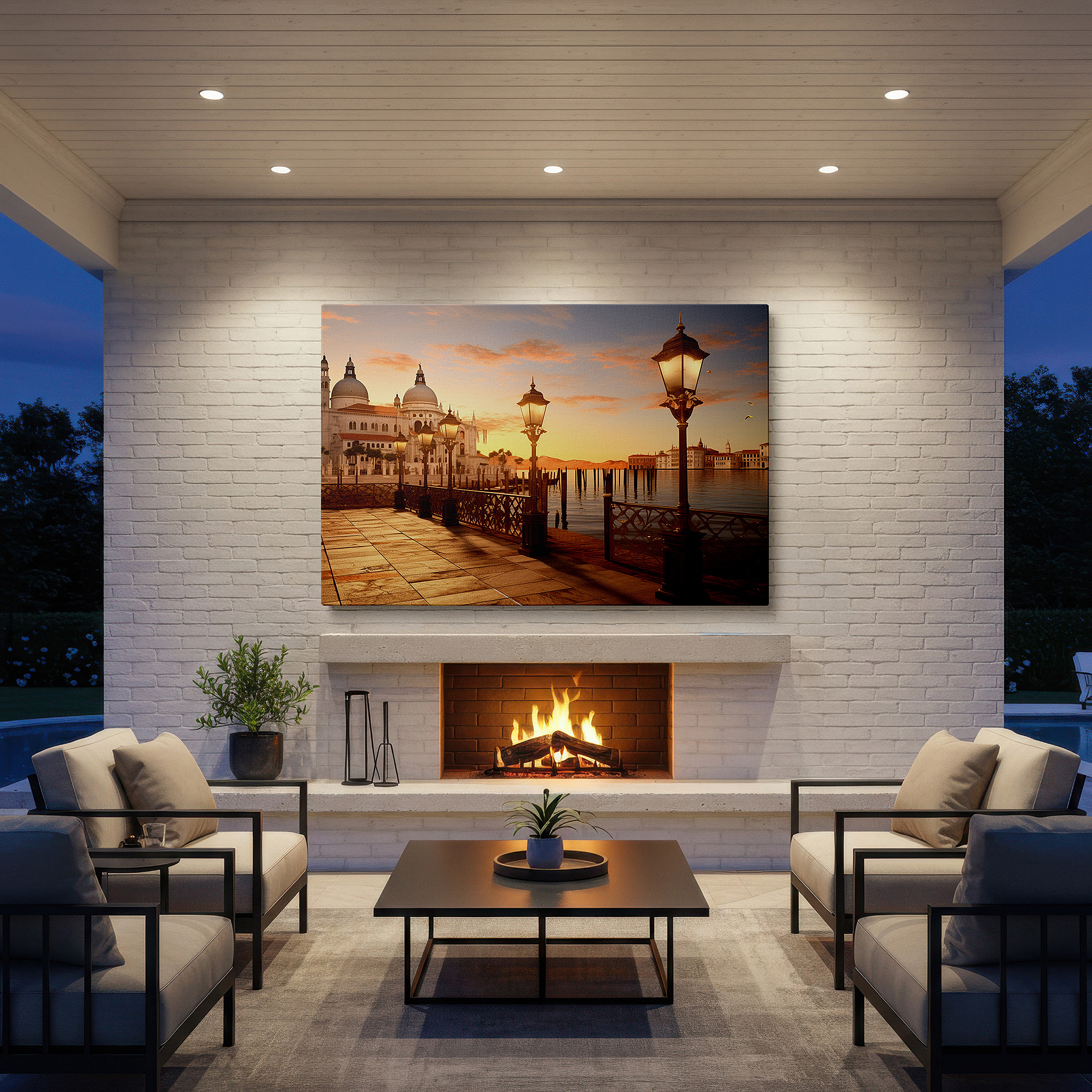 Displayed above a contemporary leather sofa in warm light — venetian waterfront at dusk: a symphony of light and romance - large canvas wall art for office, bedroom, and living room decor