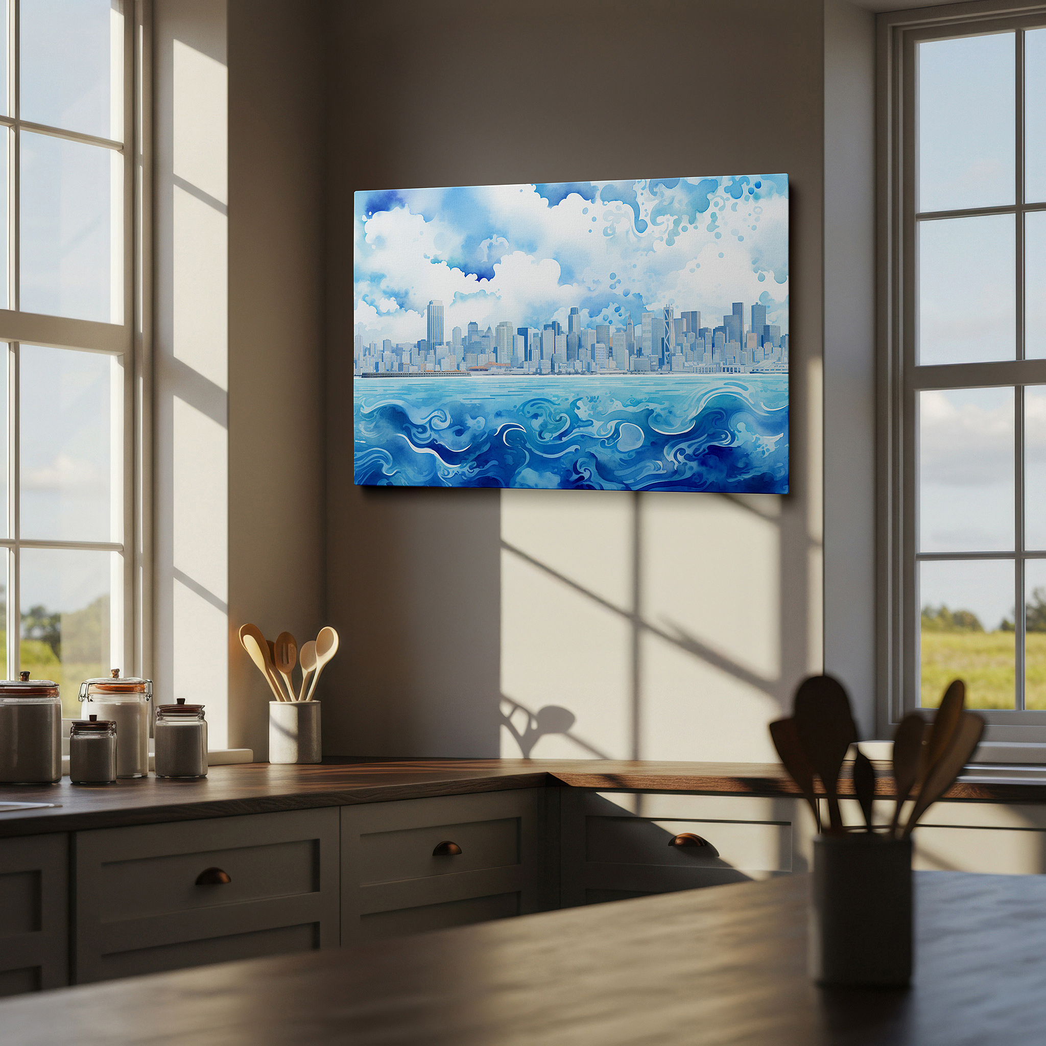 Displayed above a contemporary leather sofa in warm light — vibrant abstract cityscape artwork showcasing urban vitality and artistic flair - ideal for large wall spaces, canvas prints, home and office decor