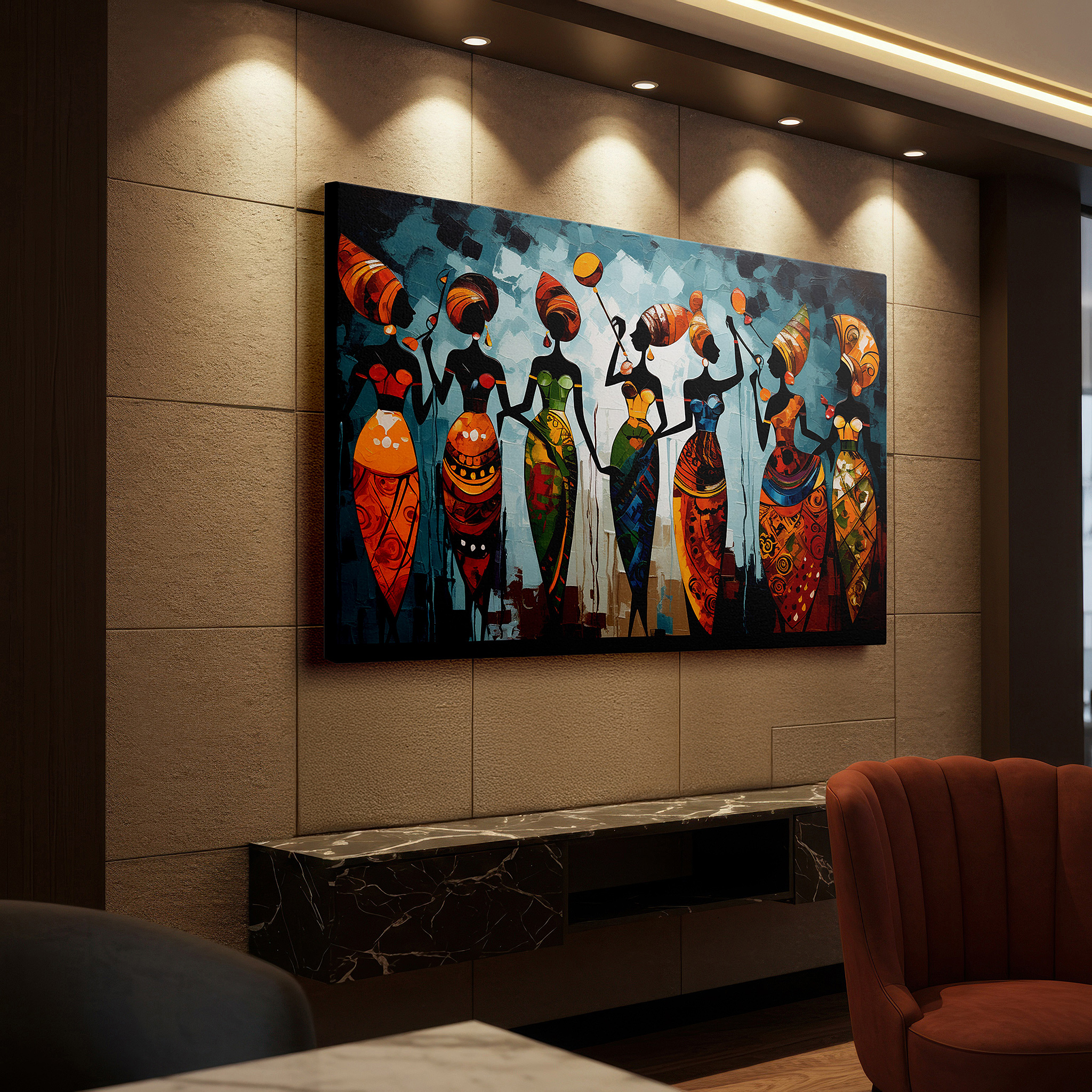 Displayed above a contemporary leather sofa in warm light — vibrant celebration of cultural diversity: abstract traditional attire large wall art, canvas wall art, wall decor for office