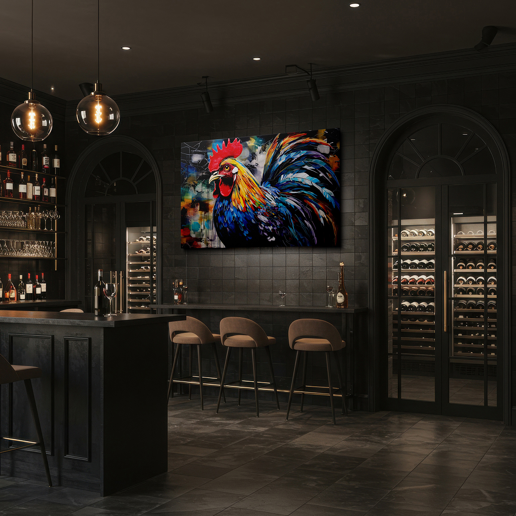 Displayed above a contemporary leather sofa in warm light — vibrant rooster wall art in fiery reds and deep blues, celebrating life - large canvas for office or bedroom decor
