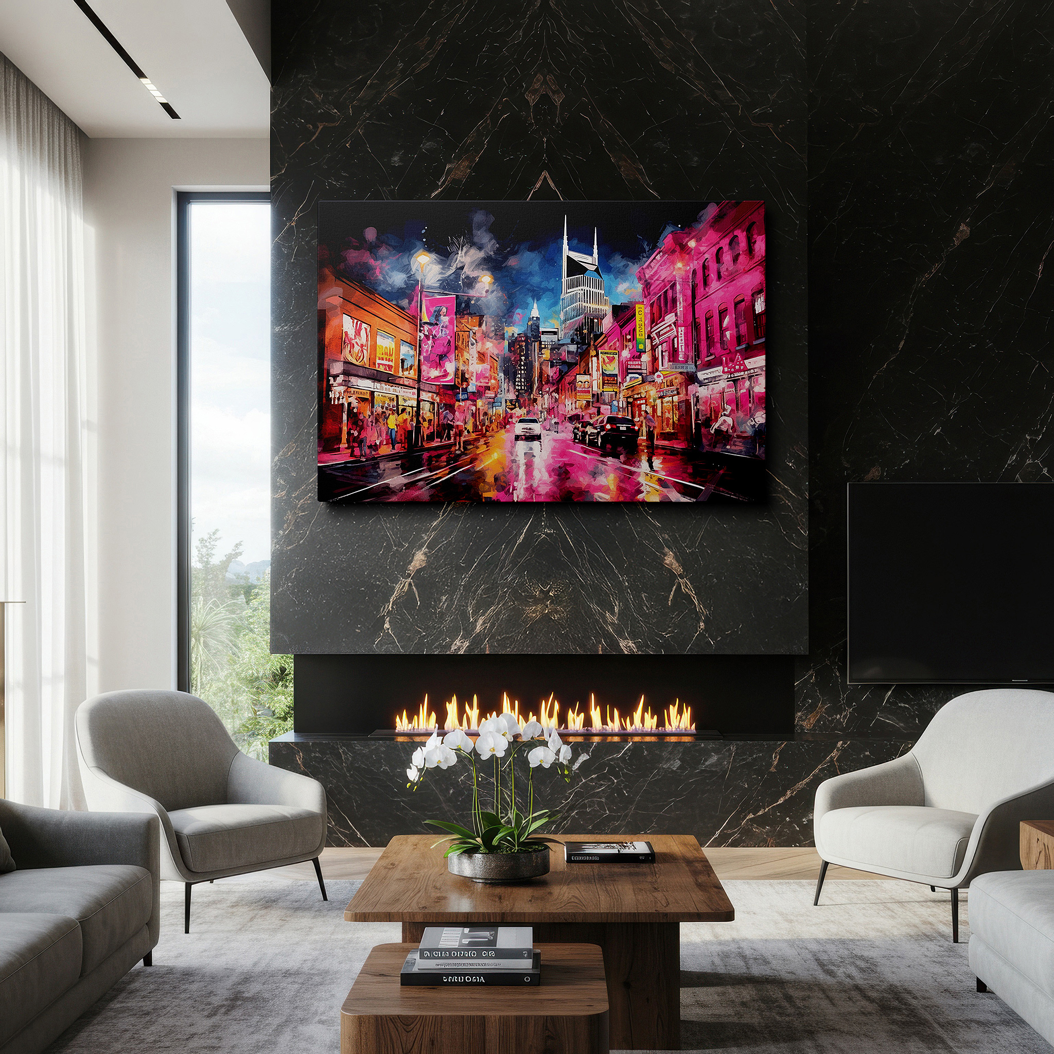 Displayed above a contemporary leather sofa in warm light — vibrant urban nights: neon lights and rainy streets - large canvas wall art for office and bedroom decor