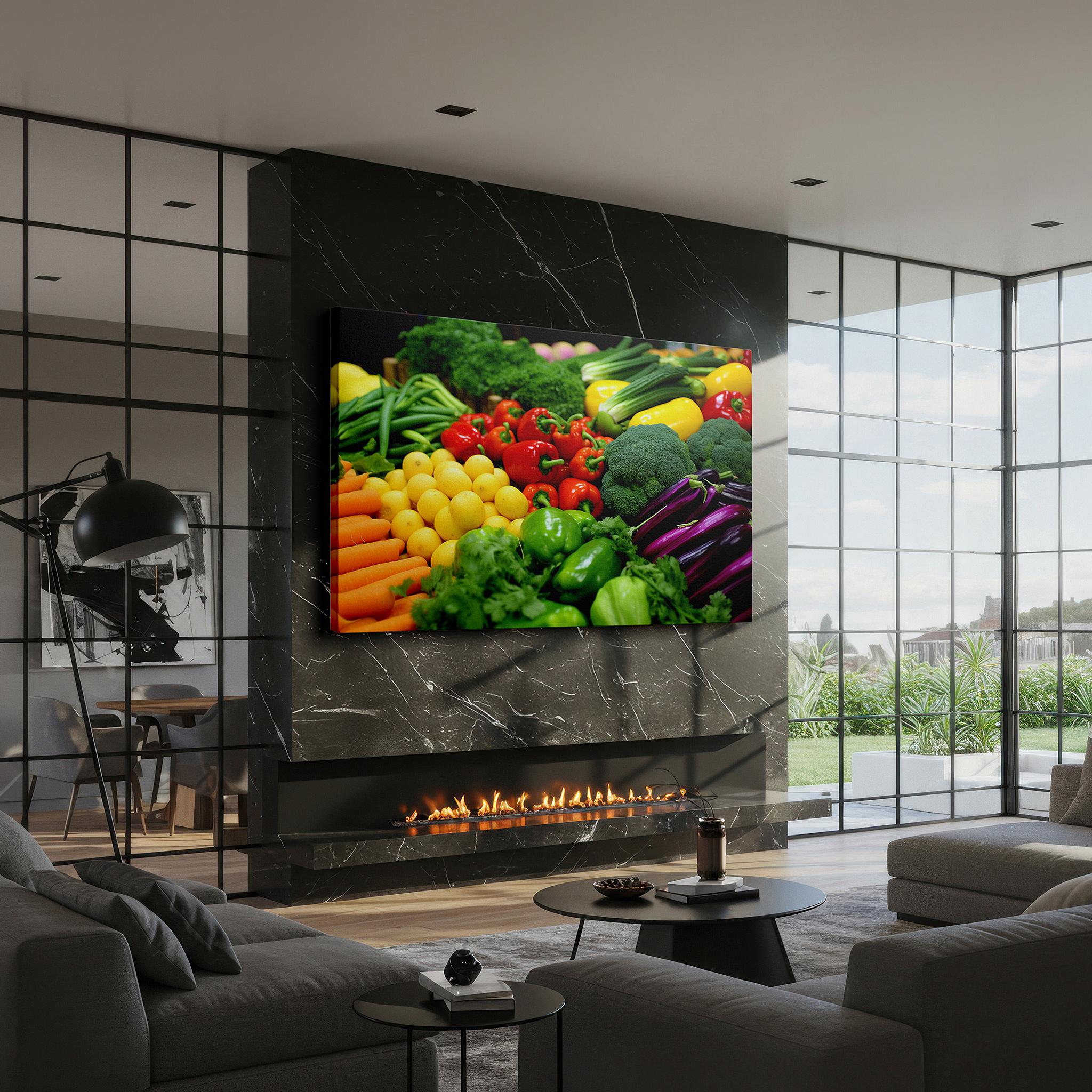 Displayed above a contemporary leather sofa in warm light — vibrant vegetable celebration: colorful and textured large wall art for offices, bedrooms, and living spaces