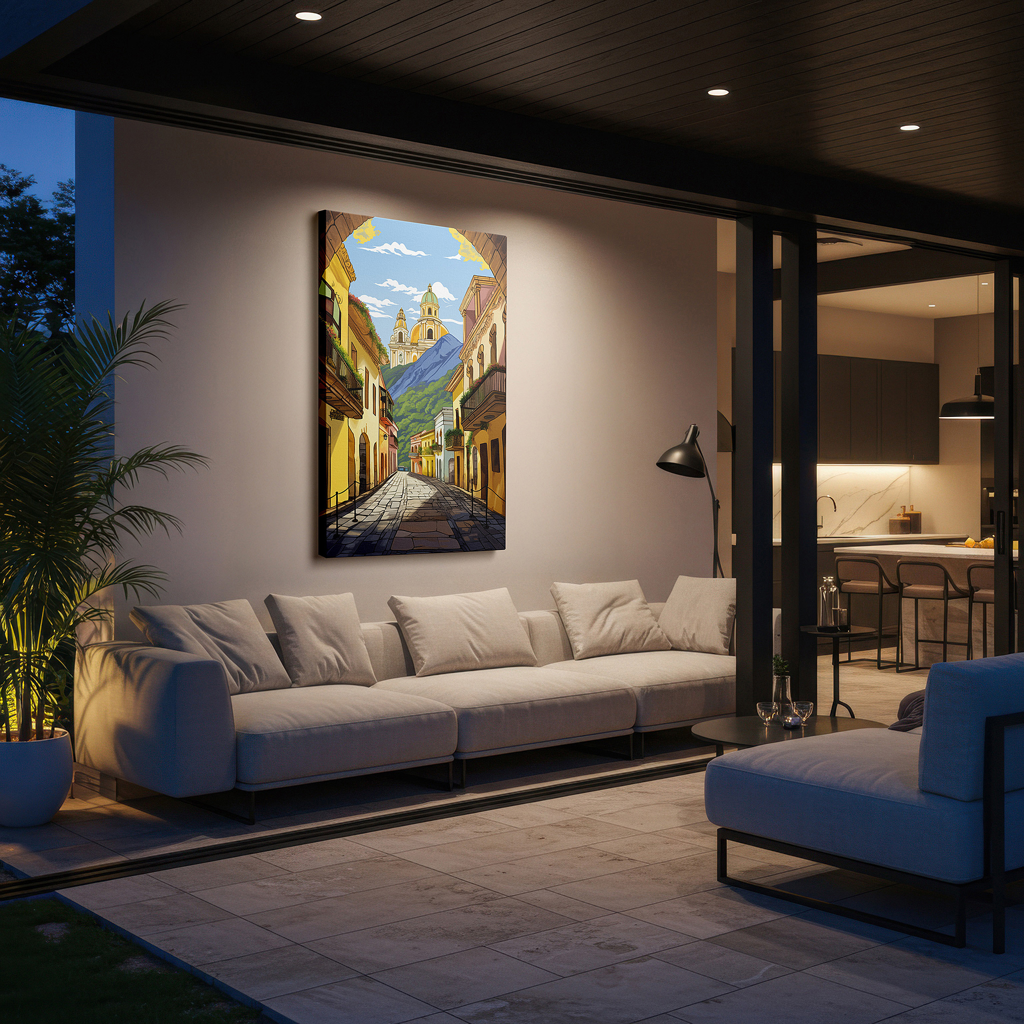 Displayed above a contemporary leather sofa in warm light — vibrant village scenes and majestic mountain views: large canvas wall art for home and office decor
