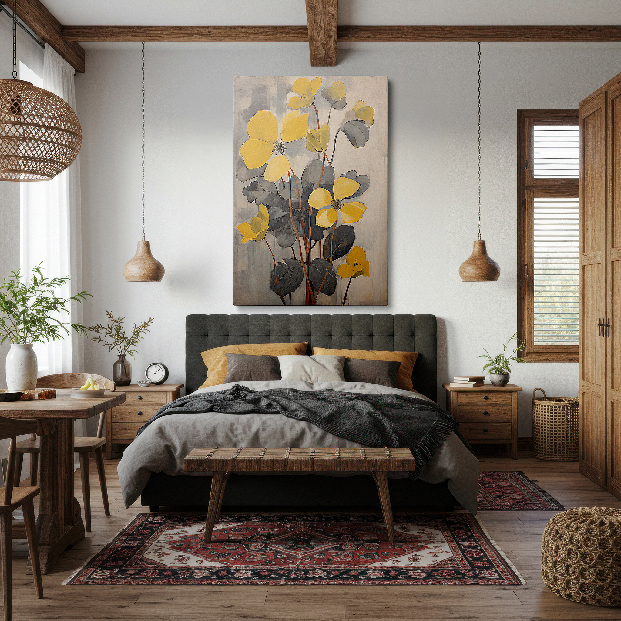 Displayed above a contemporary leather sofa in warm light — vibrant yellow blooms: a celebration of nature's splendor - large canvas wall art for office, living room, and bedroom decor