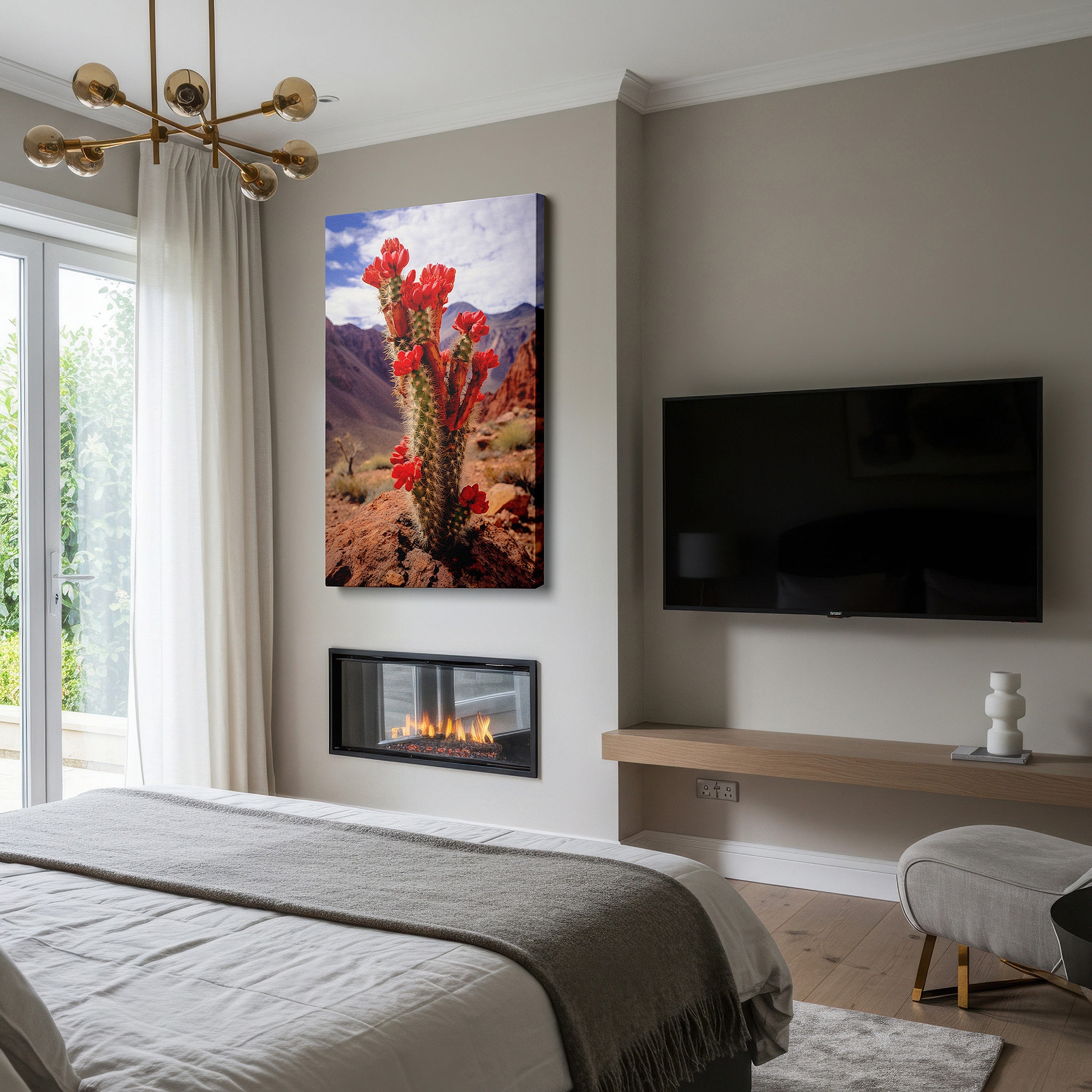 Displayed above a contemporary leather sofa in warm light — vivid red cactus flowers set against a peaceful desert scene, representing resilience and beauty - large wall art, canvas wall art, wall decor for office