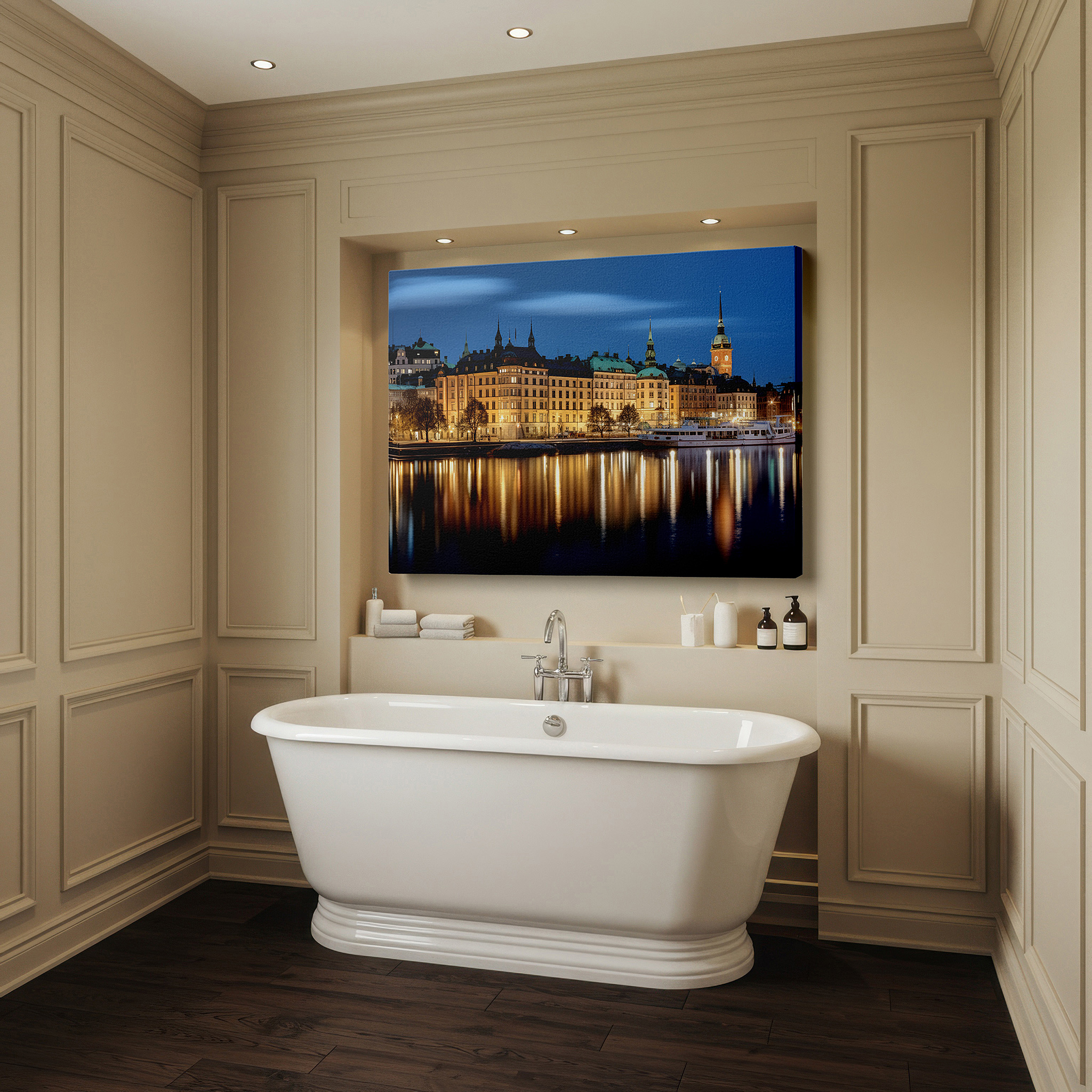 Displayed above a contemporary leather sofa in warm light — wall art: captivating stockholm at night - a dynamic fusion of timeless elegance and contemporary vitality, large canvas wall art, wall decor for office