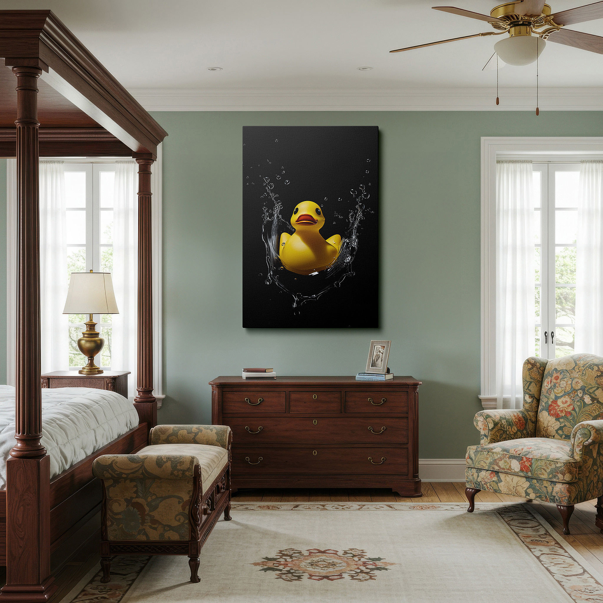 Displayed above a contemporary leather sofa in warm light — wall art: delightful yellow duck happily drifting with lively splashes and whimsical bubbles - large canvas wall art for office and bedroom decor