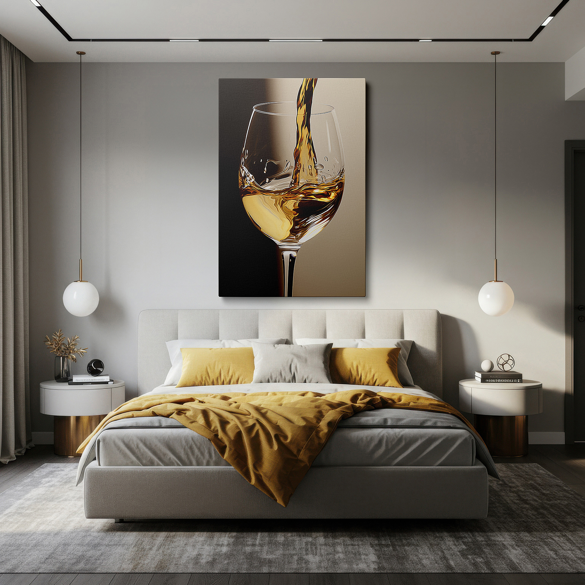 Displayed above a contemporary leather sofa in warm light — wall art: the elegant flow of golden elixir into a clear glass - a visual symphony of light and luxury, large canvas wall art for office decor