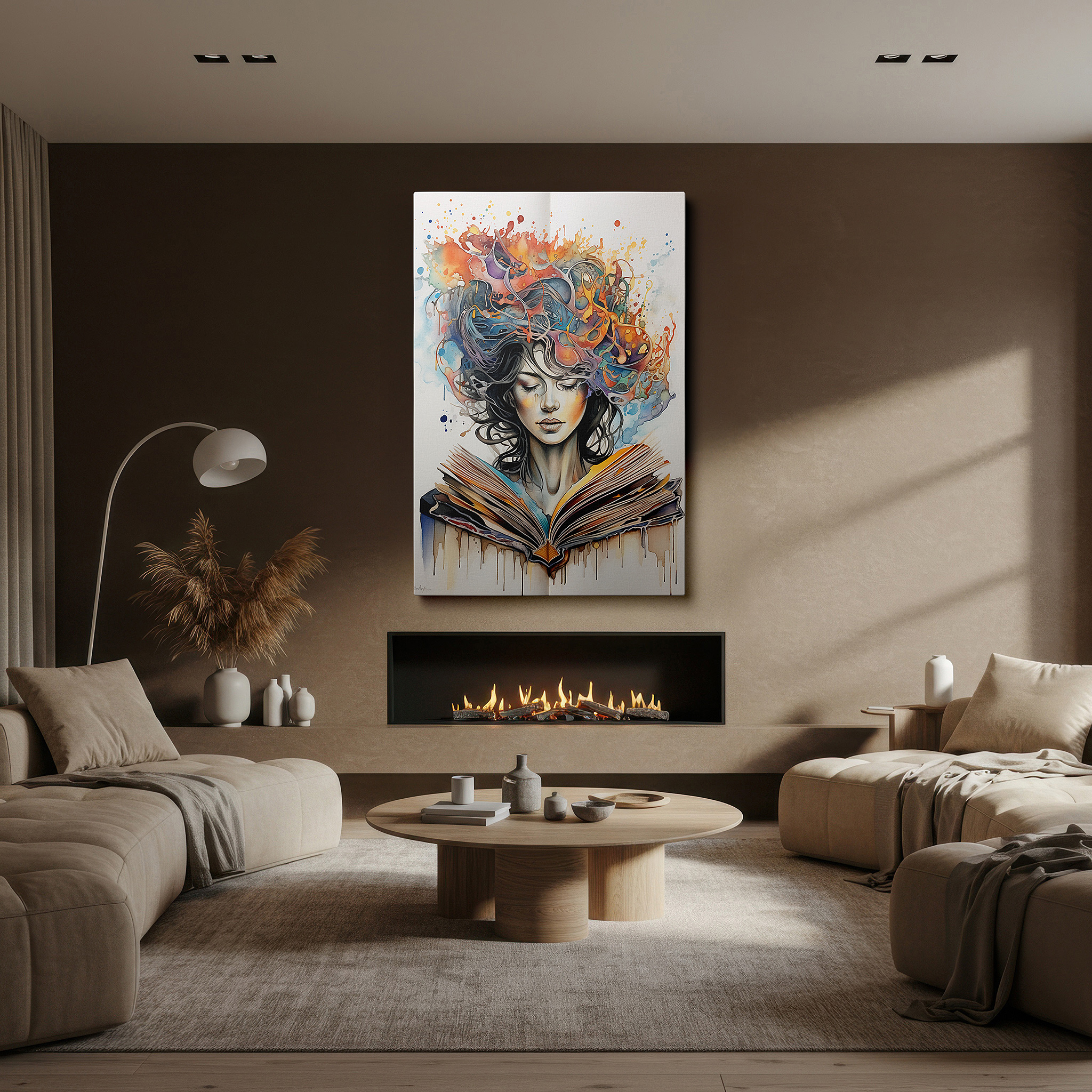 Displayed above a contemporary leather sofa in warm light — wall art: a fusion of creativity and intellect, featuring bright colors and symbolic designs - large wall art, canvas wall art, wall art decor, office wall art.