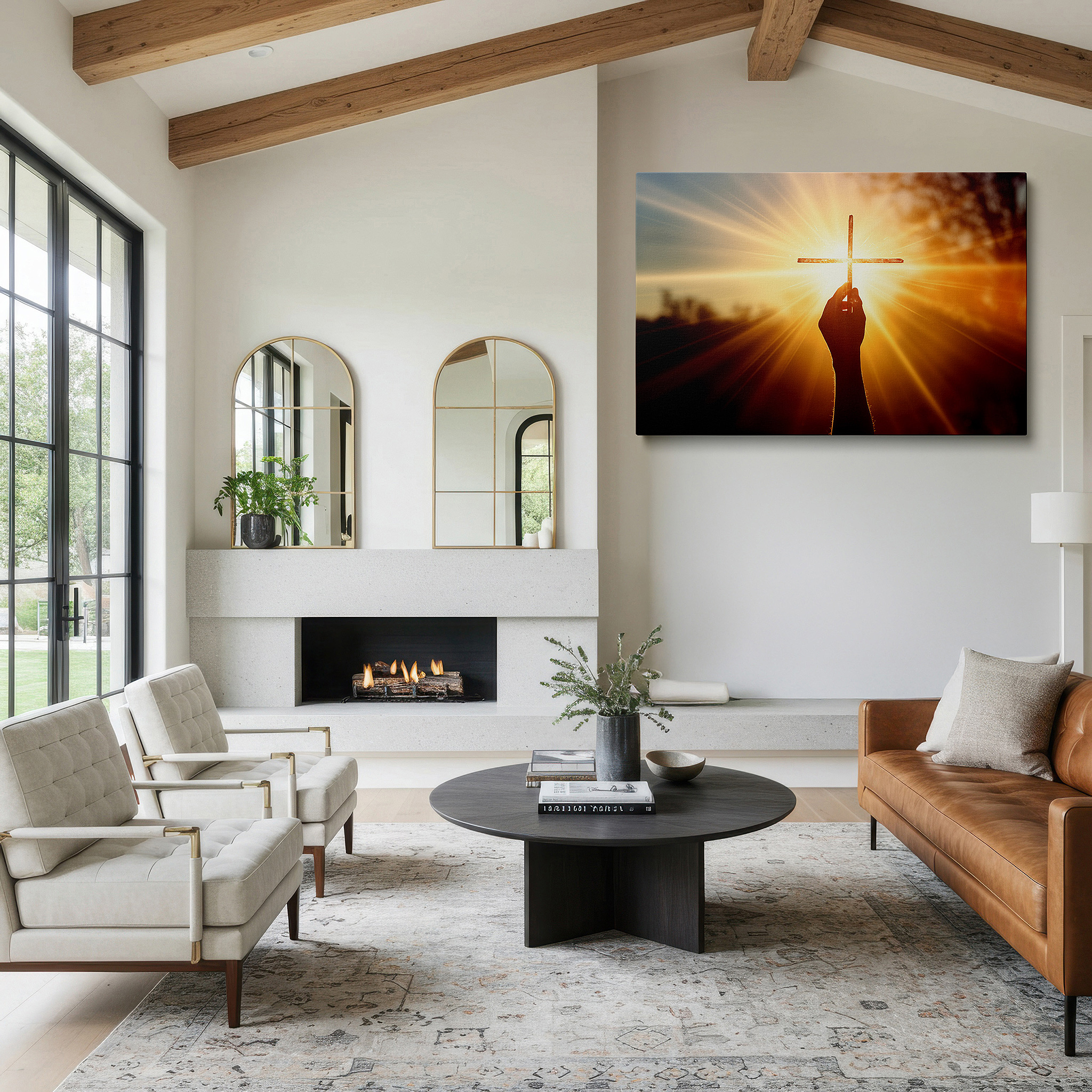 Displayed above a contemporary leather sofa in warm light — wall art: hand holding cross at sunset - symbolizing faith and renewal, large canvas wall art for office and bedroom decor