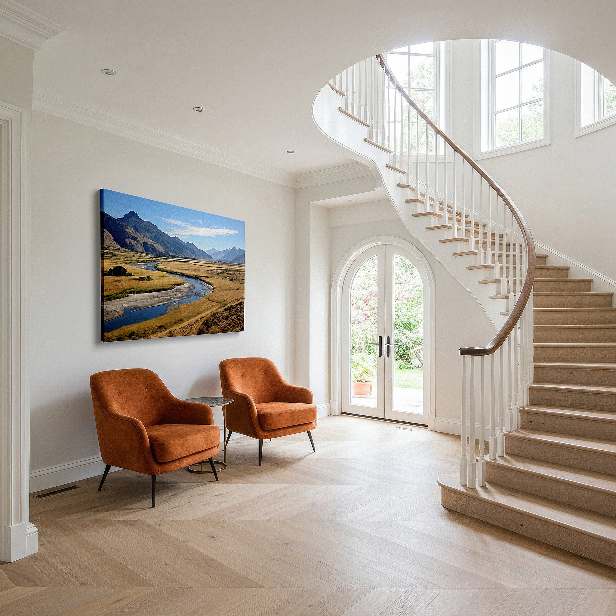 Displayed above a contemporary leather sofa in warm light — wall art: serene landscapes of verdant fields and grand mountains beneath a glowing sky - large canvas wall art for home and office decor, perfect for living room and bedroom