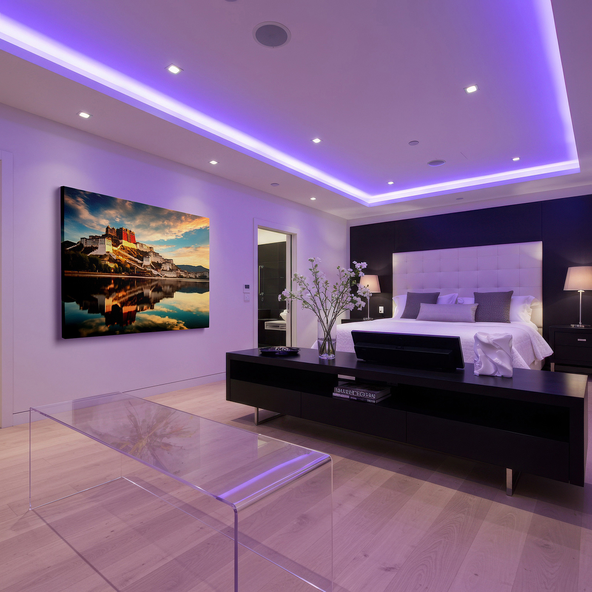 Displayed above a contemporary leather sofa in warm light — wall art: serene sunset at potala palace over lhasa waters - large canvas for home and office decor, perfect for living room and bedroom