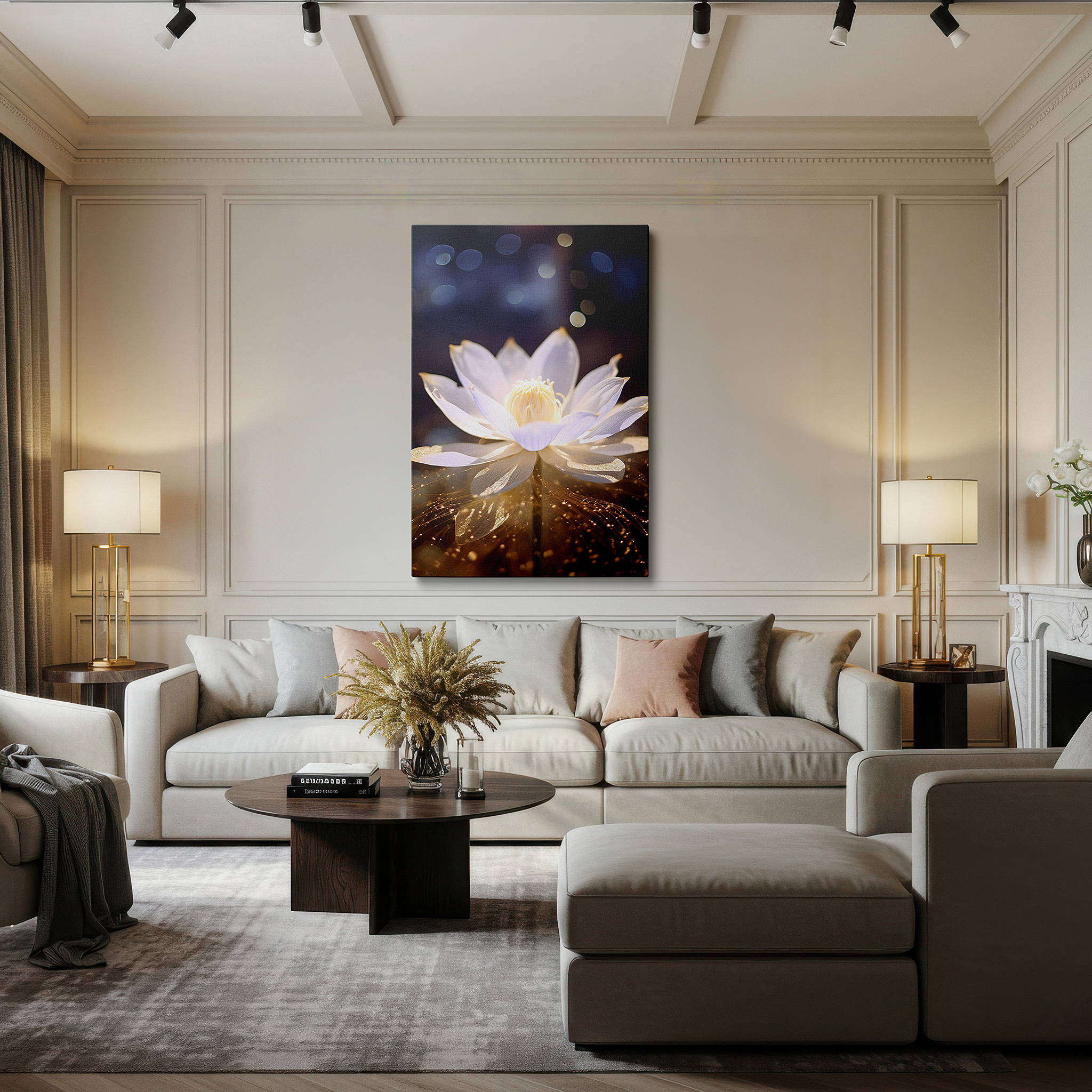 Displayed above a contemporary leather sofa in warm light — wall art: serene white lotus blossom, emblem of purity and peace, set against a soft glow - large canvas wall art for home and office decor