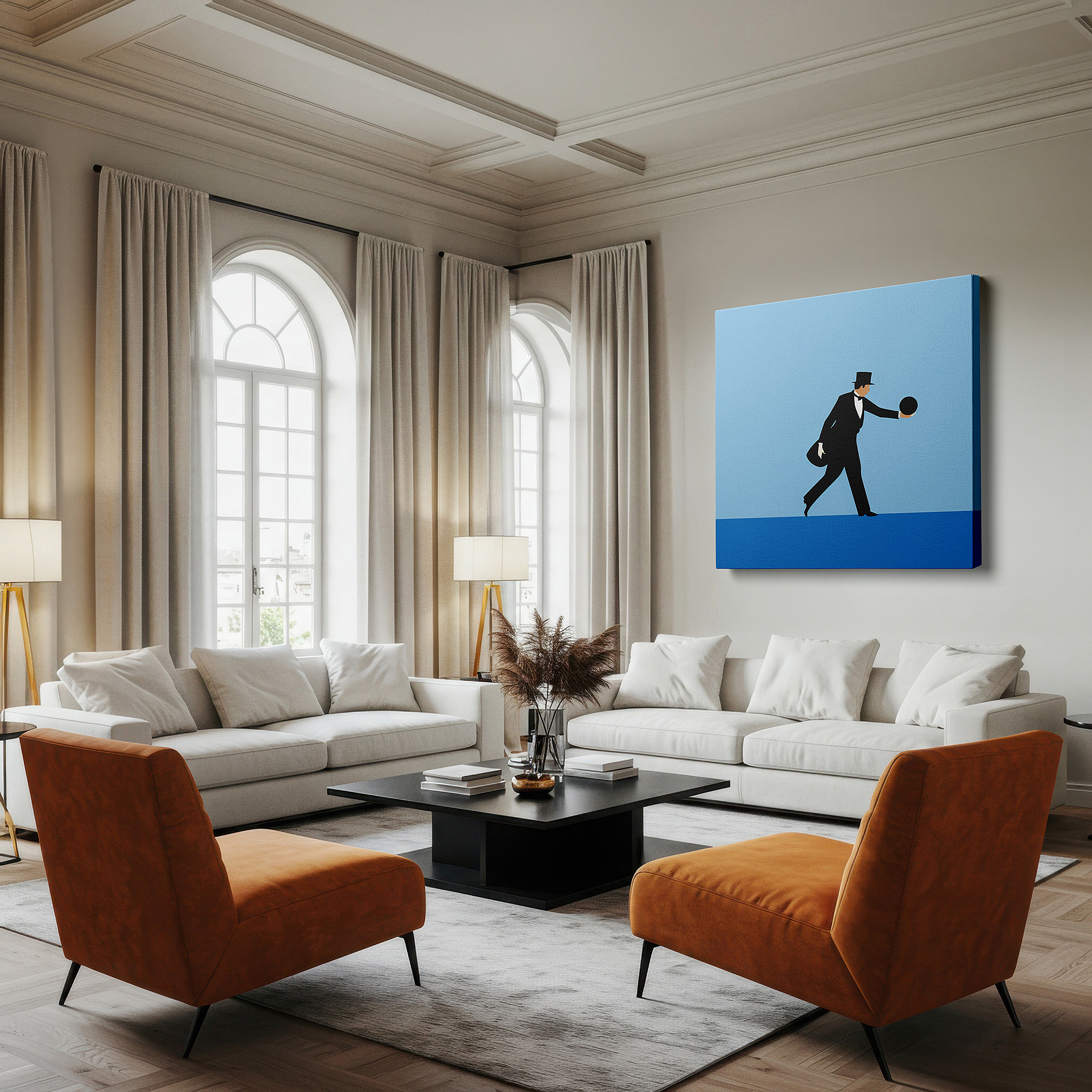 Displayed above a contemporary leather sofa in warm light — wall decor: "elegance at the alley" - a playful mix of sophistication and fun. large canvas art for offices, bedrooms, and living spaces.