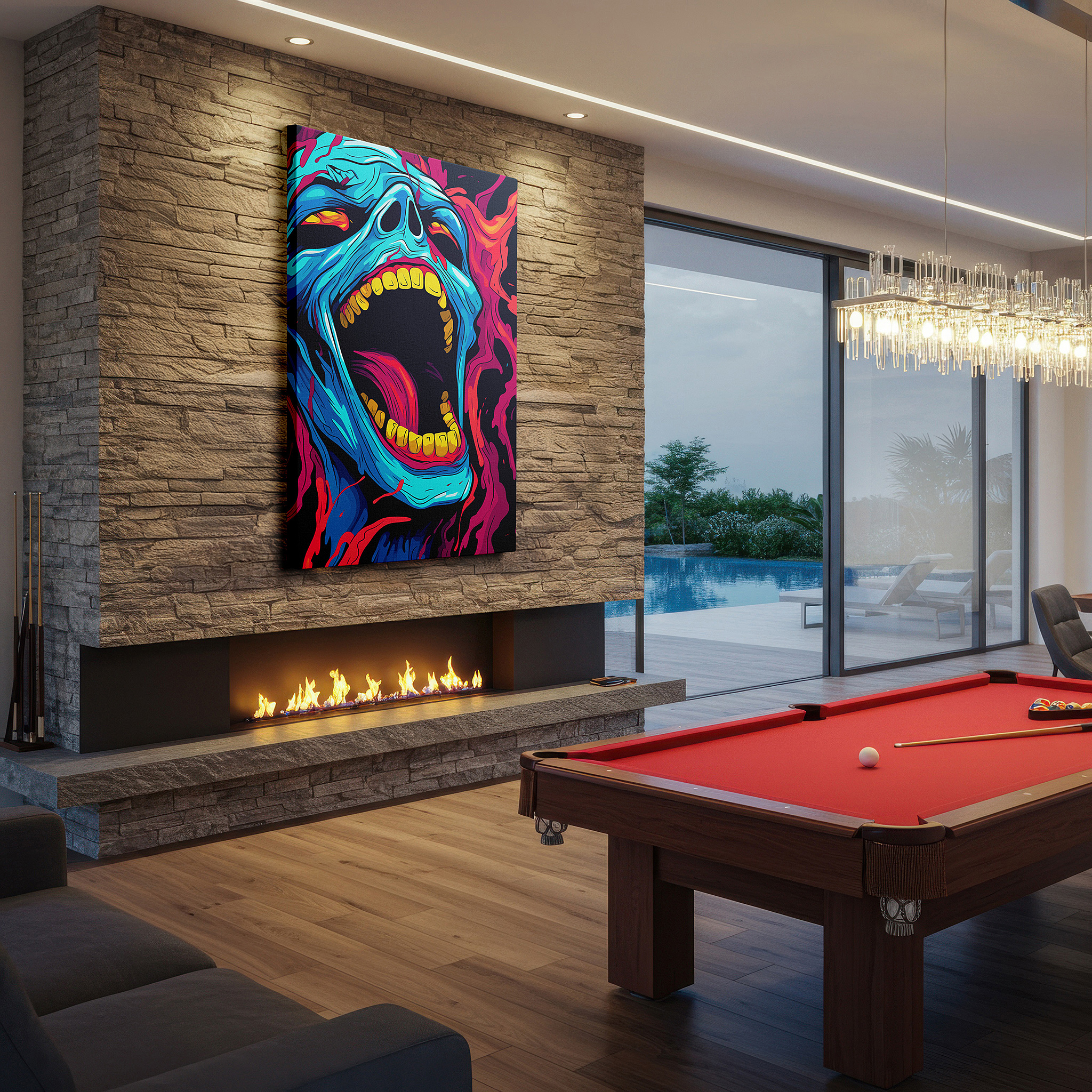 Displayed above a contemporary leather sofa in warm light — wall decor: intense blue skull surrounded by flames - a profound reflection on life and feelings, large canvas art for home and office
