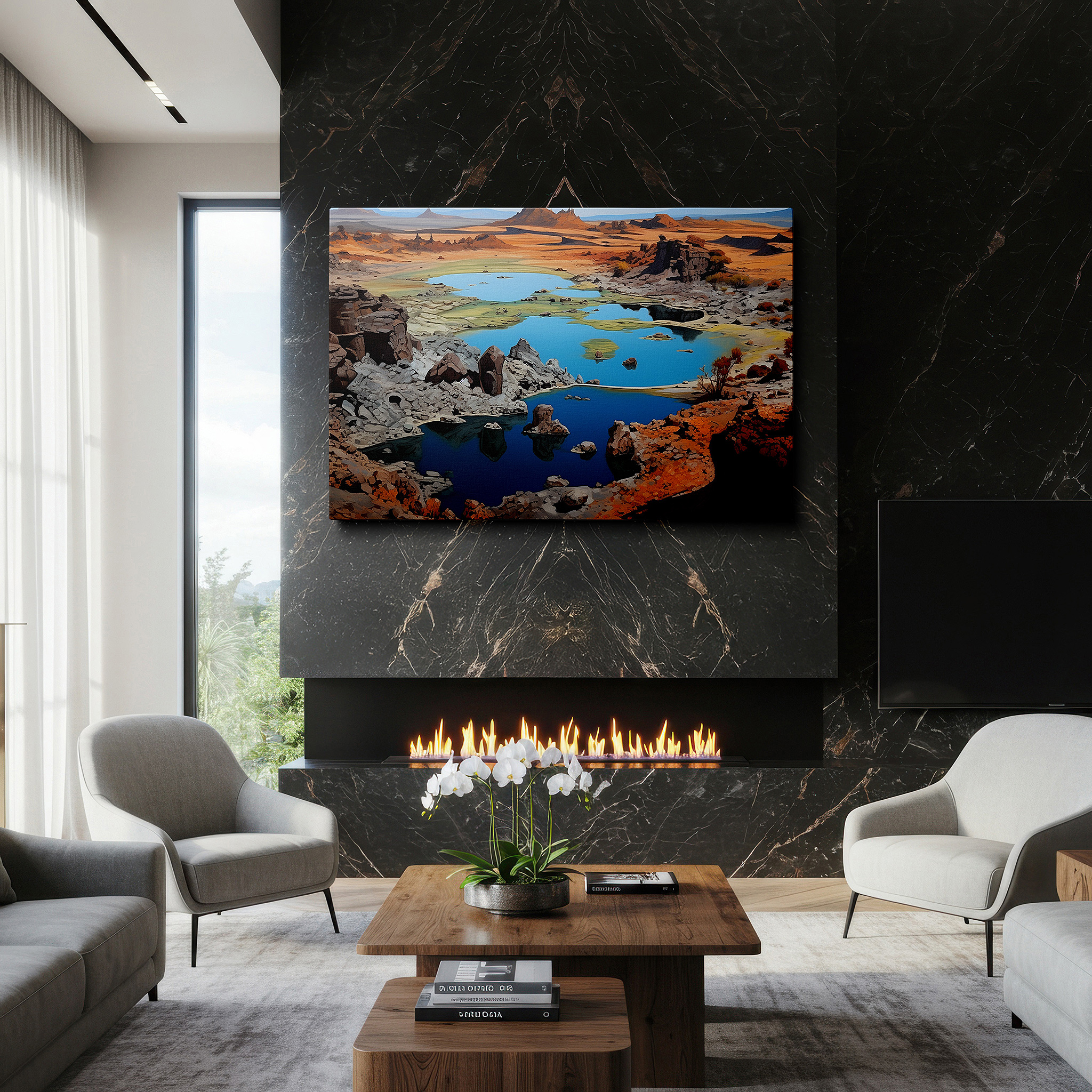 Displayed above a contemporary leather sofa in warm light — wall decor: lush oasis in desert sands - exploring nature's tenacity and beauty 