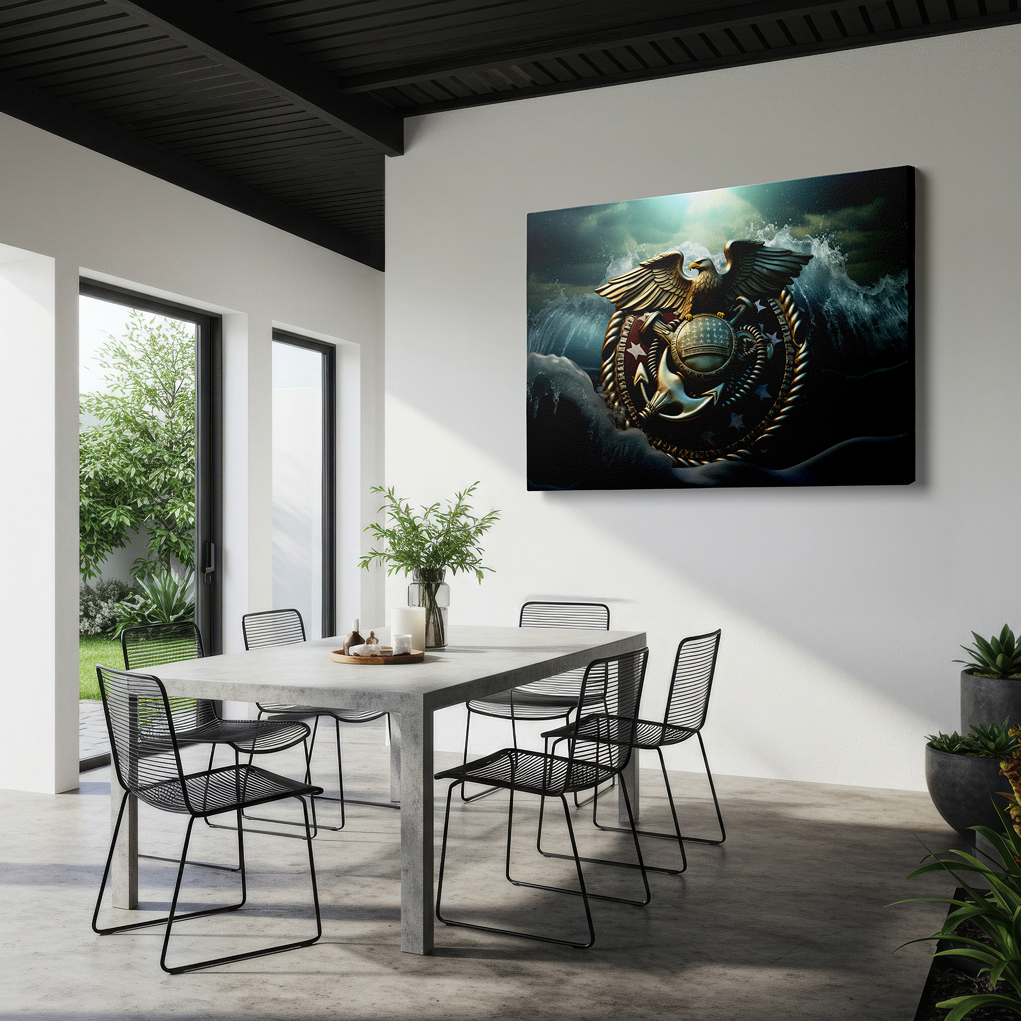 Displayed above a contemporary leather sofa in warm light — wall decor: majestic eagle on weathered anchor, emblematic of maritime power and national pride - large canvas art for office walls
