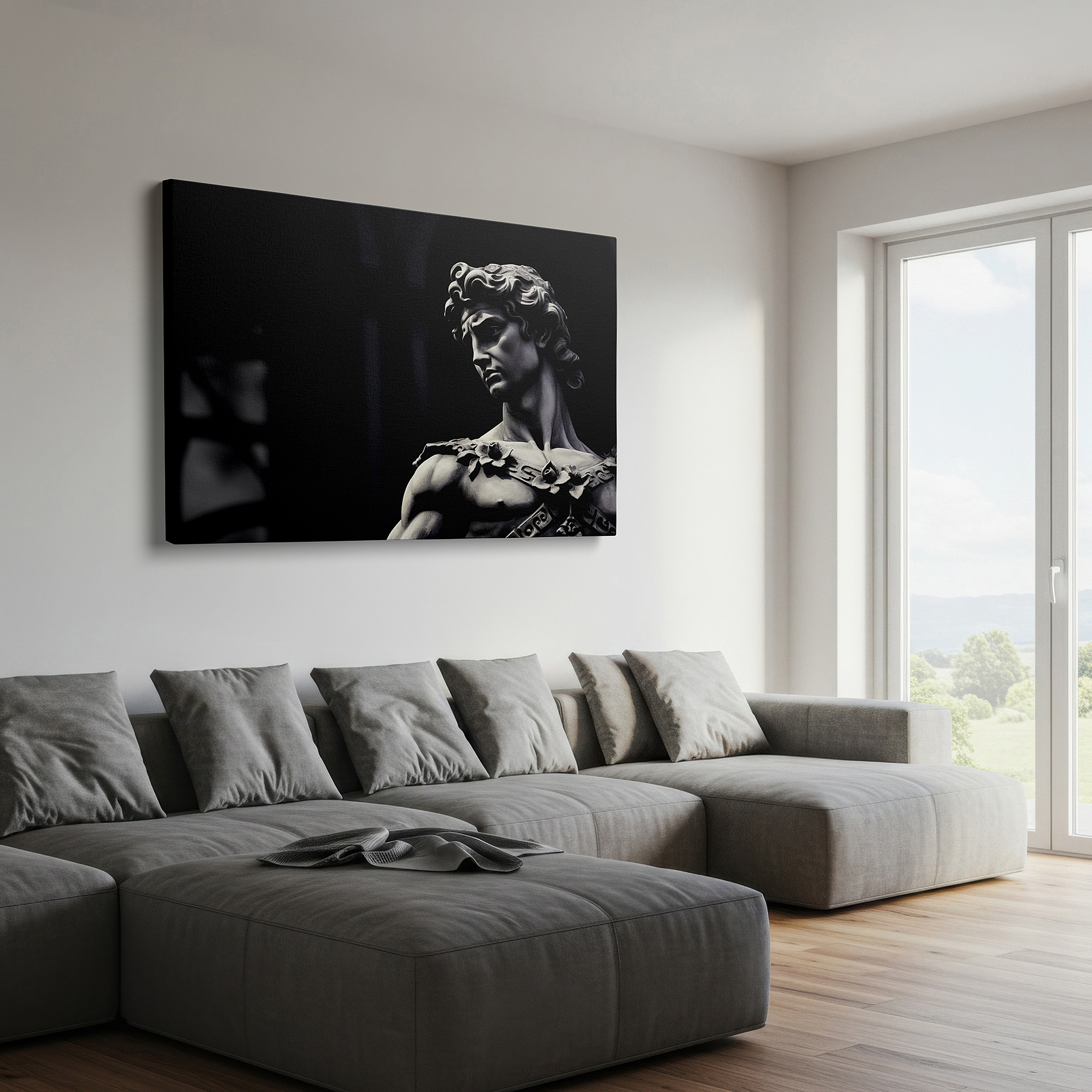 Displayed above a contemporary leather sofa in warm light — wall decor: michelangelo's david - a study in light and shadow celebrating renaissance elegance and power, large canvas art for home and office