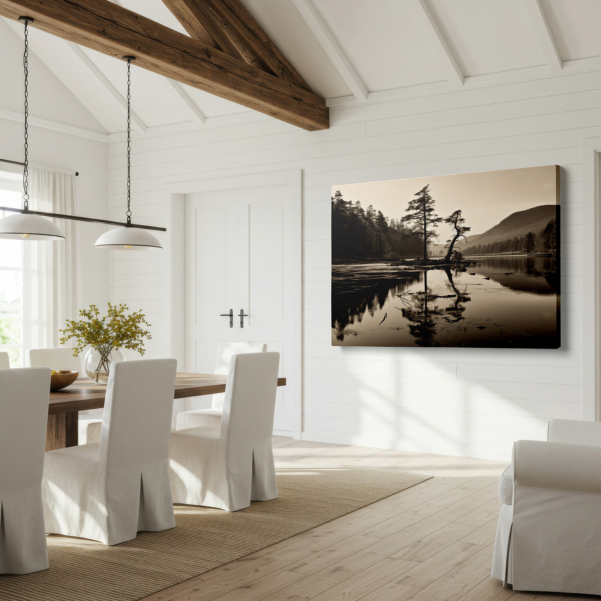 Displayed above a contemporary leather sofa in warm light — wall decor: peaceful riverbank and solitary tree in monochrome - reflecting nature's quietude, large canvas art for home and office decor