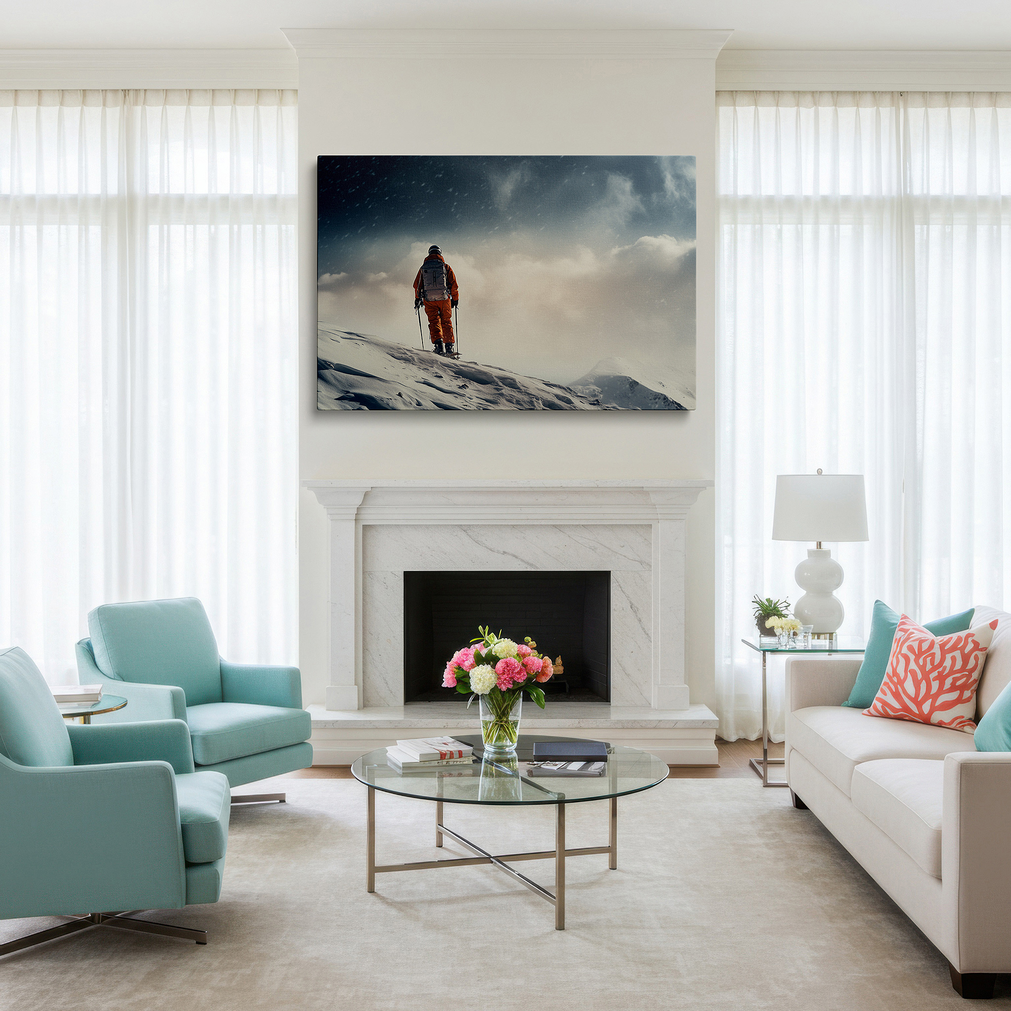 Displayed above a contemporary leather sofa in warm light — wall decor: the solo traveler's brave trek across snow-covered peaks - large canvas art for home and office