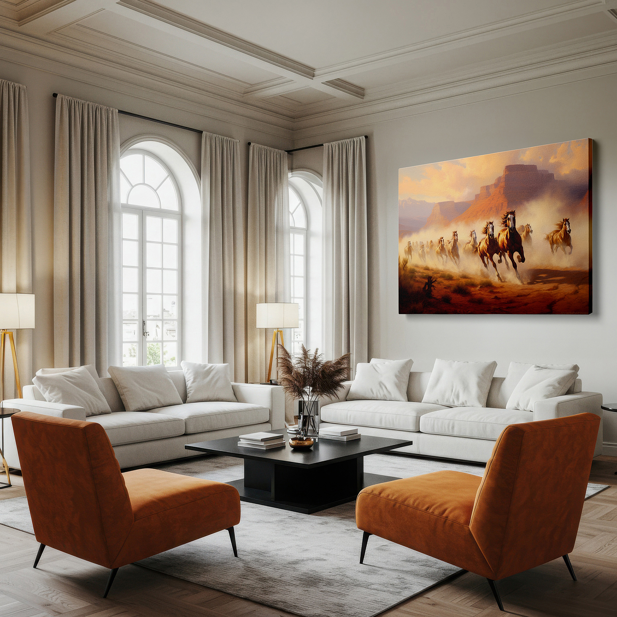 Displayed above a contemporary leather sofa in warm light — wild horses running in majestic canyon, sunlit dust enhances natural beauty, large wall art, canvas wall art, wall decor, office art