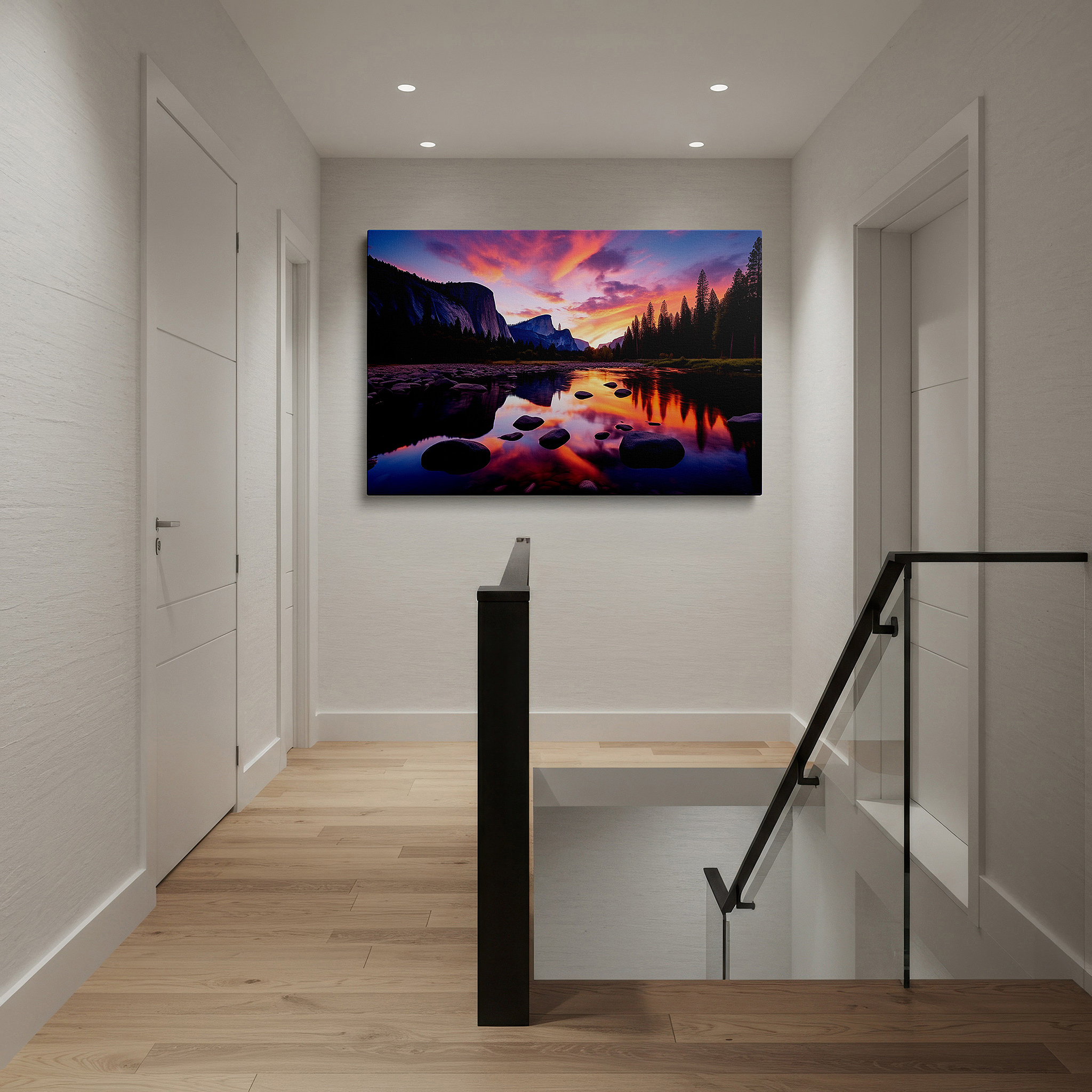 Displayed above a contemporary leather sofa in warm light — yosemite sunset serenity: large canvas wall art featuring a peaceful river scene - perfect for office, bedroom, or home decor