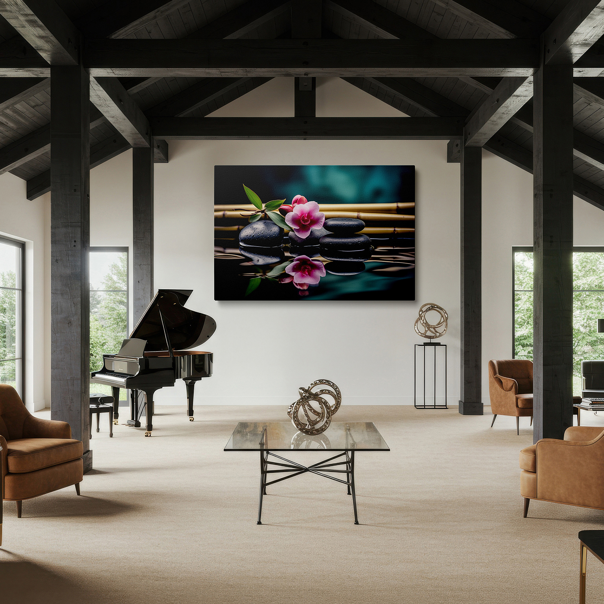Displayed above a contemporary leather sofa in warm light — zen garden wall art: serene harmony, tranquil stones, and reflective waters - large canvas for office and bedroom decor