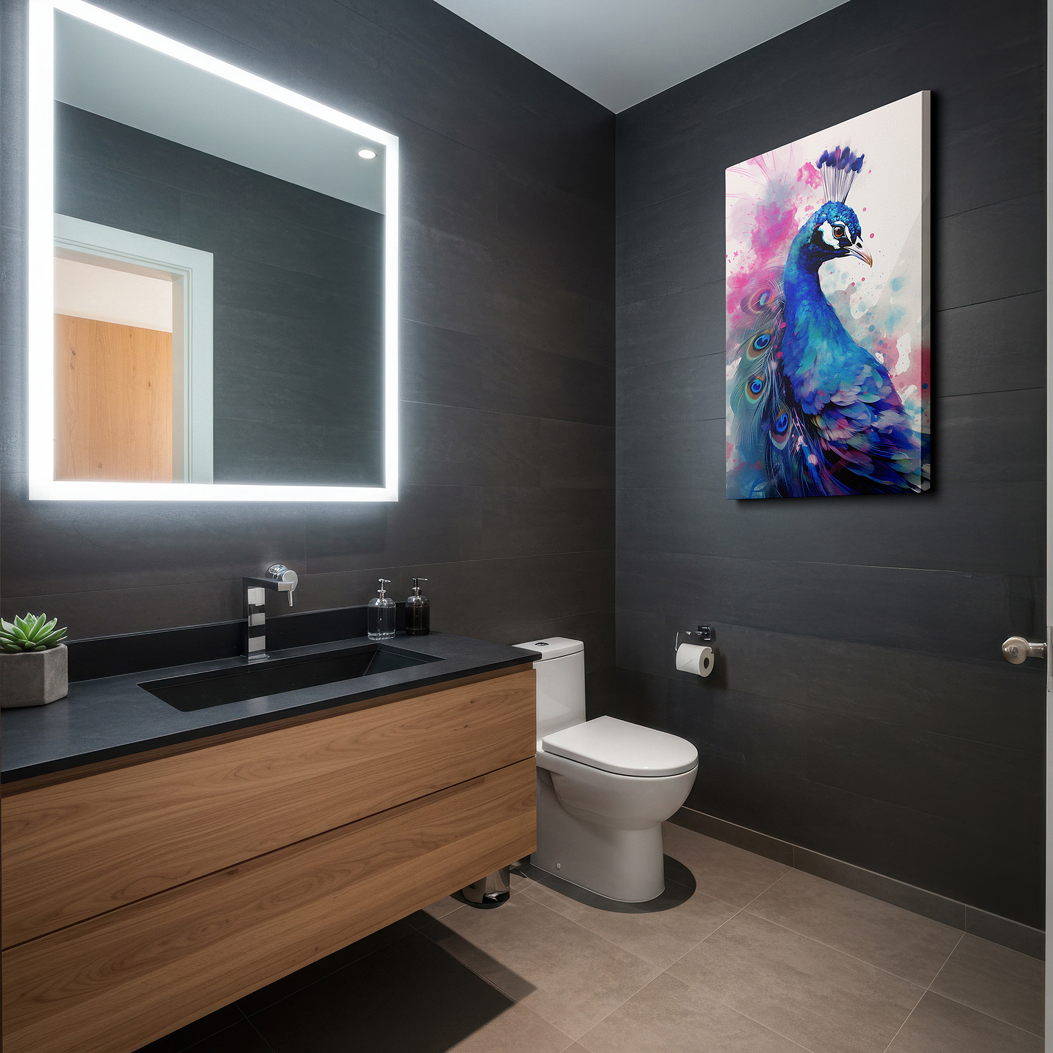 Featured in a dining room with dark wood furniture and candlelight — abstract and colorful peacock, large canvas wall art, office decor