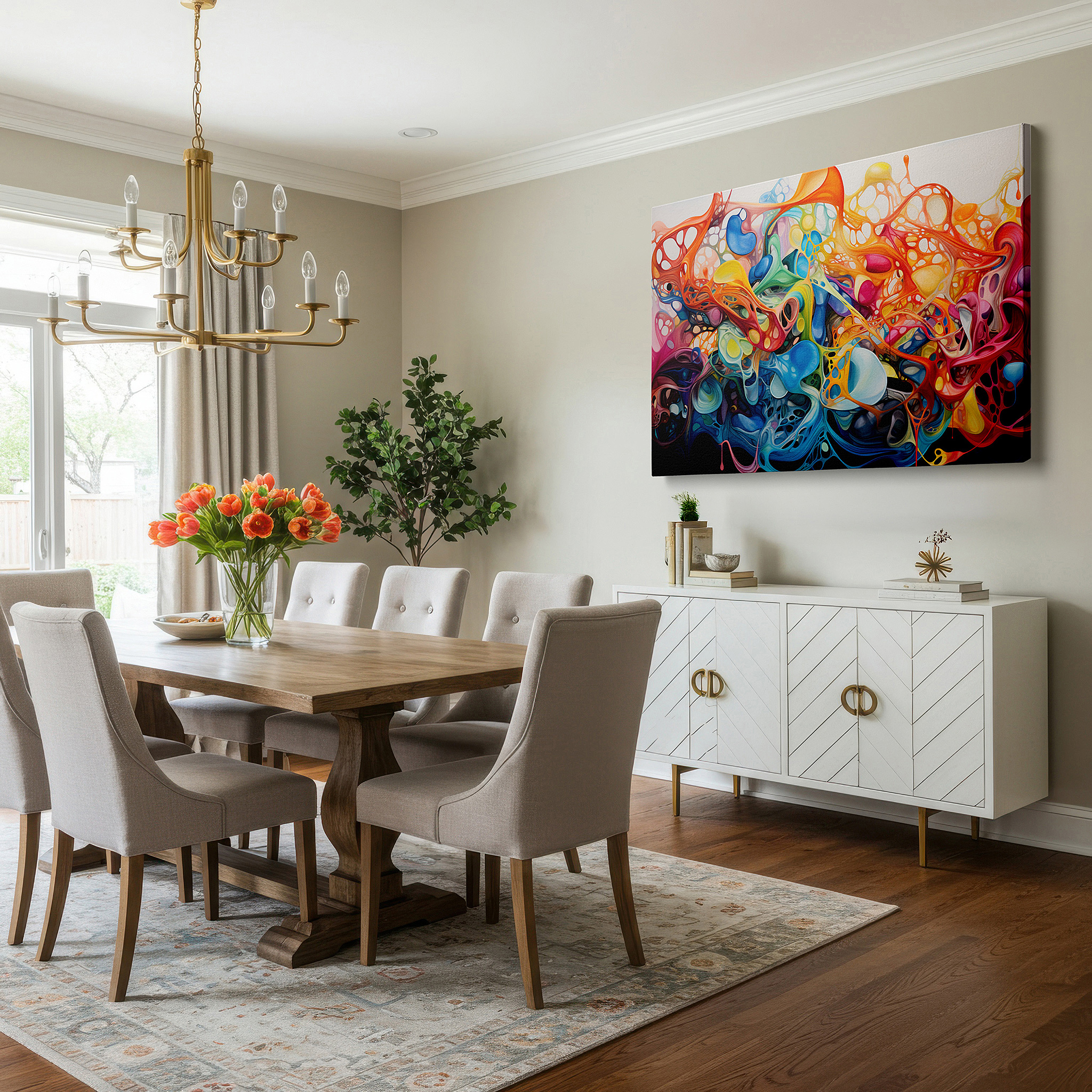 Featured in a dining room with dark wood furniture and candlelight — abstract expressionist symphony of colors, large wall art depicting human emotions with electric blues, fiery reds, and radiant yellows