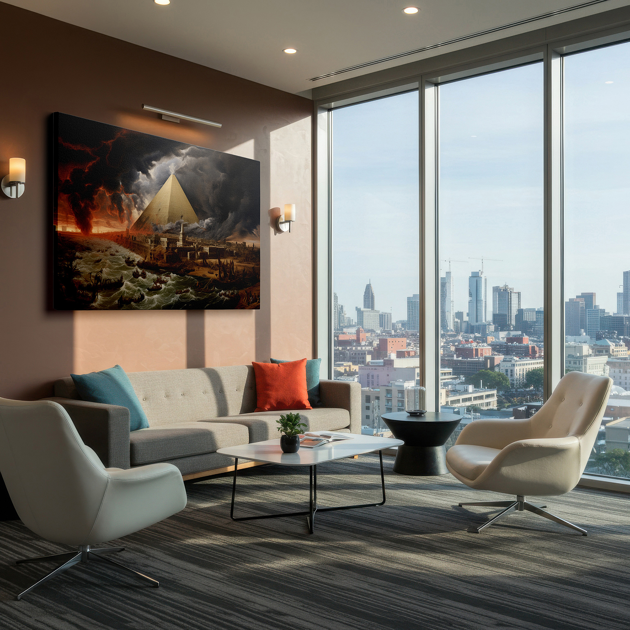 Featured in a dining room with dark wood furniture and candlelight — ancient pyramids and modern structures against a stormy sky - celebrating human endurance and creativity large wall art, canvas wall art, wall decor