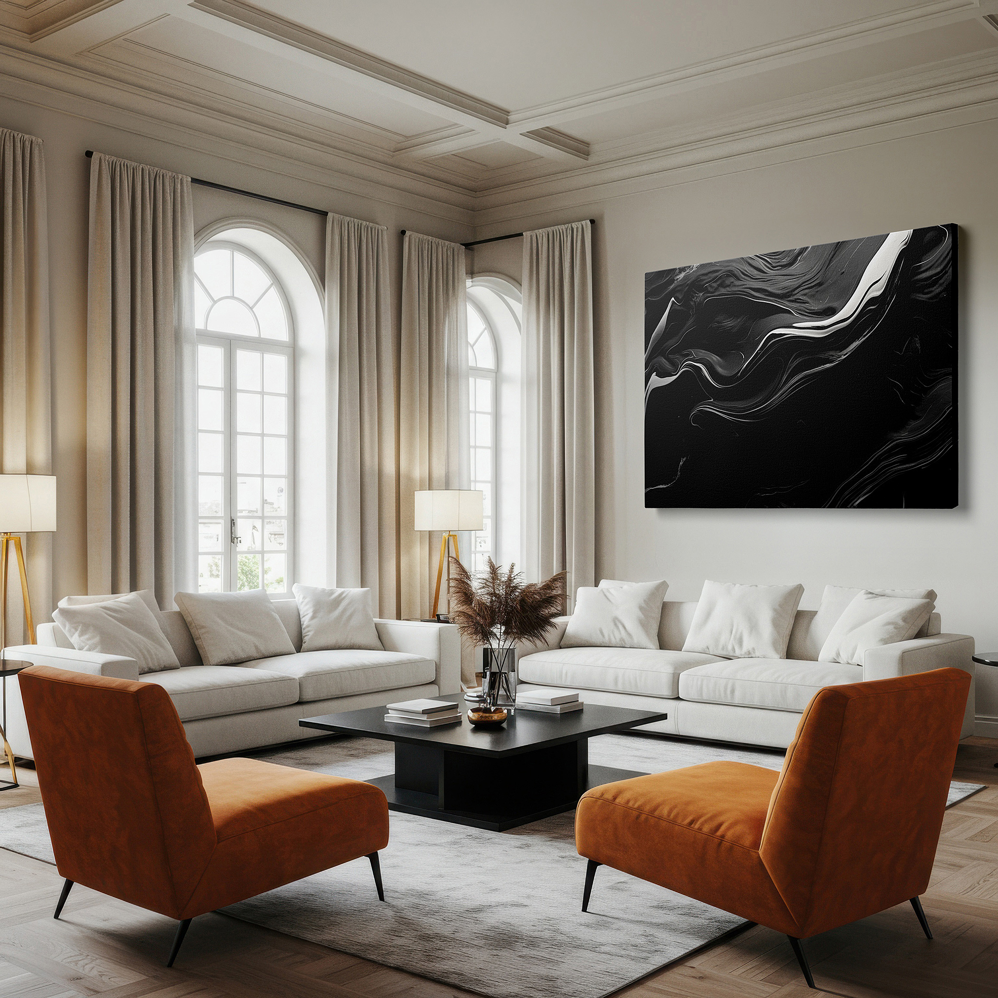 Featured in a dining room with dark wood furniture and candlelight — black and white abstract wall art featuring dynamic swirls and fluid shapes, large canvas for office, bedroom, and living room decor