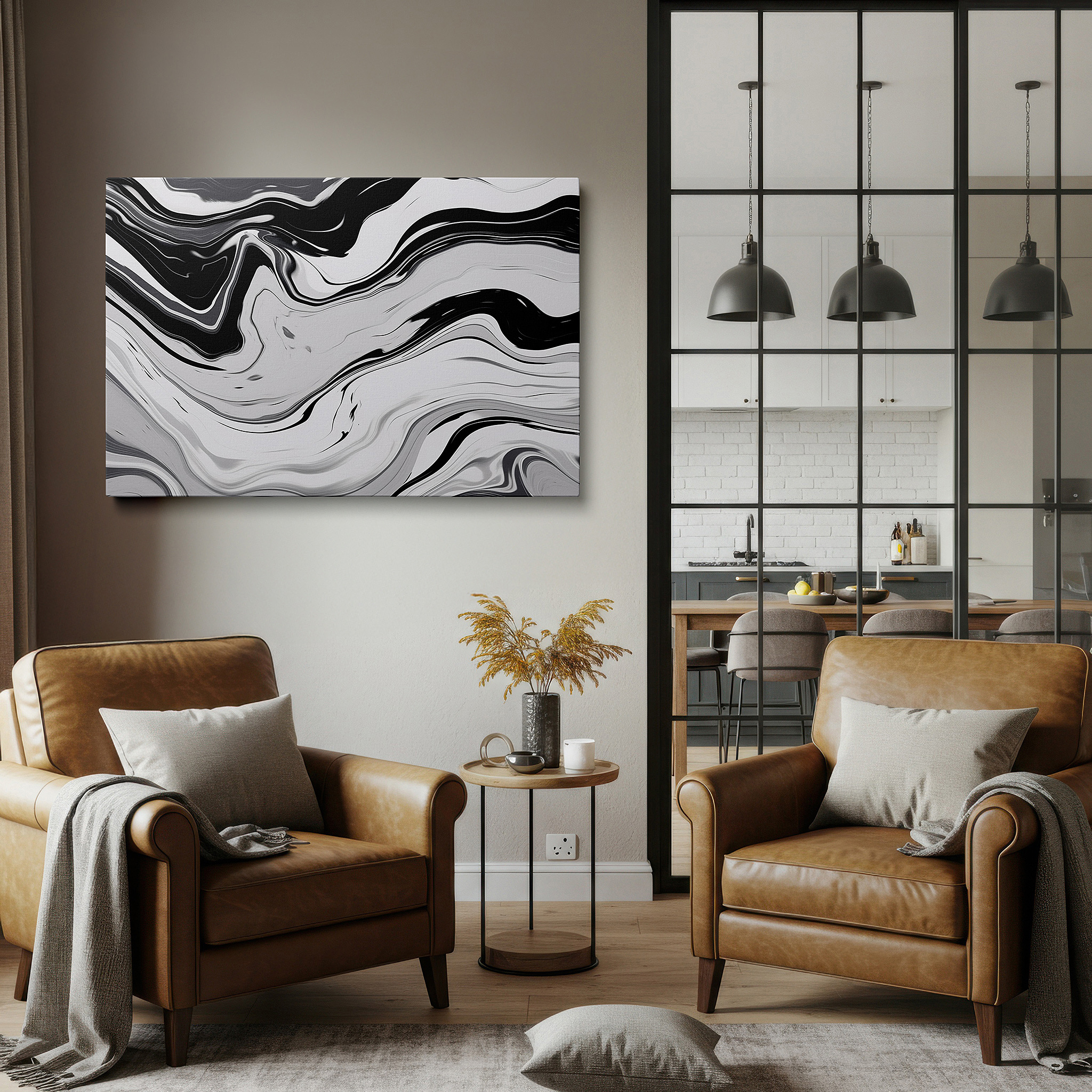 Featured in a dining room with dark wood furniture and candlelight — black and white captivating waves: a dance of shadow and light - large wall art, canvas wall art, wall decor for office and bedroom