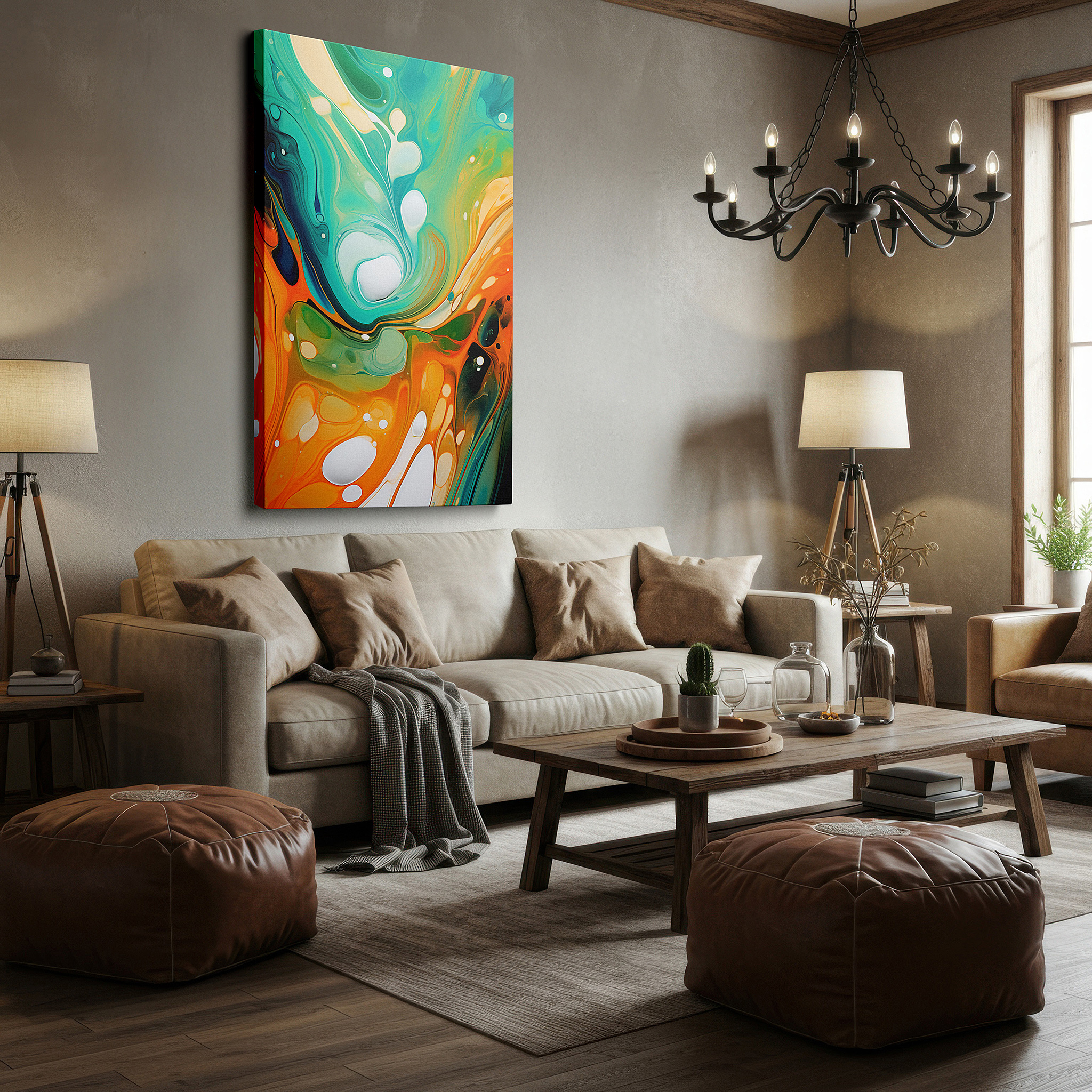 Featured in a dining room with dark wood furniture and candlelight — blue and orange swirls dance - dynamic abstract expression of motion and emotion, large canvas wall art for office decor
