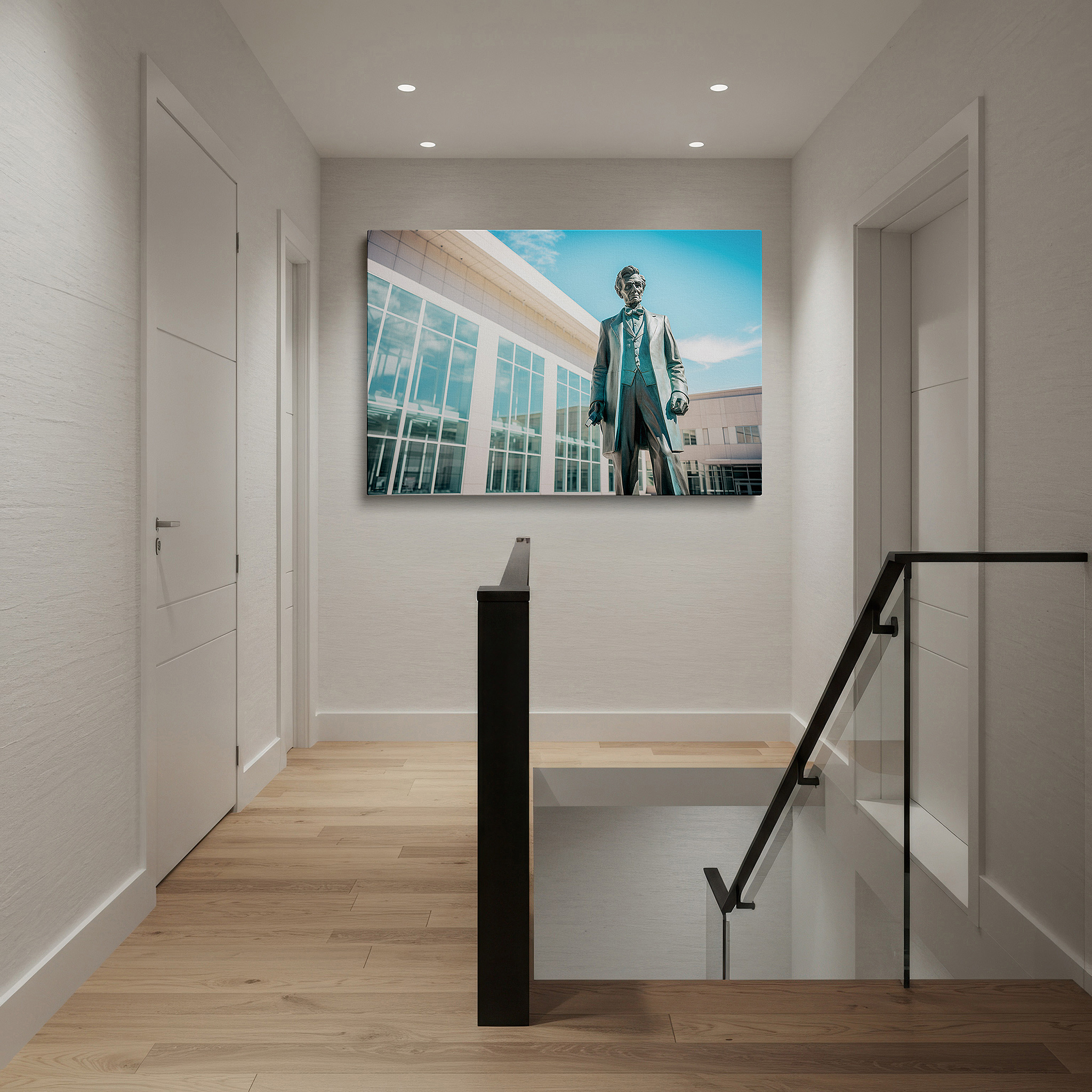 Featured in a dining room with dark wood furniture and candlelight — bronze statue and modern architecture: a timeless conversation - large canvas wall art for office, bedroom, and living room decor