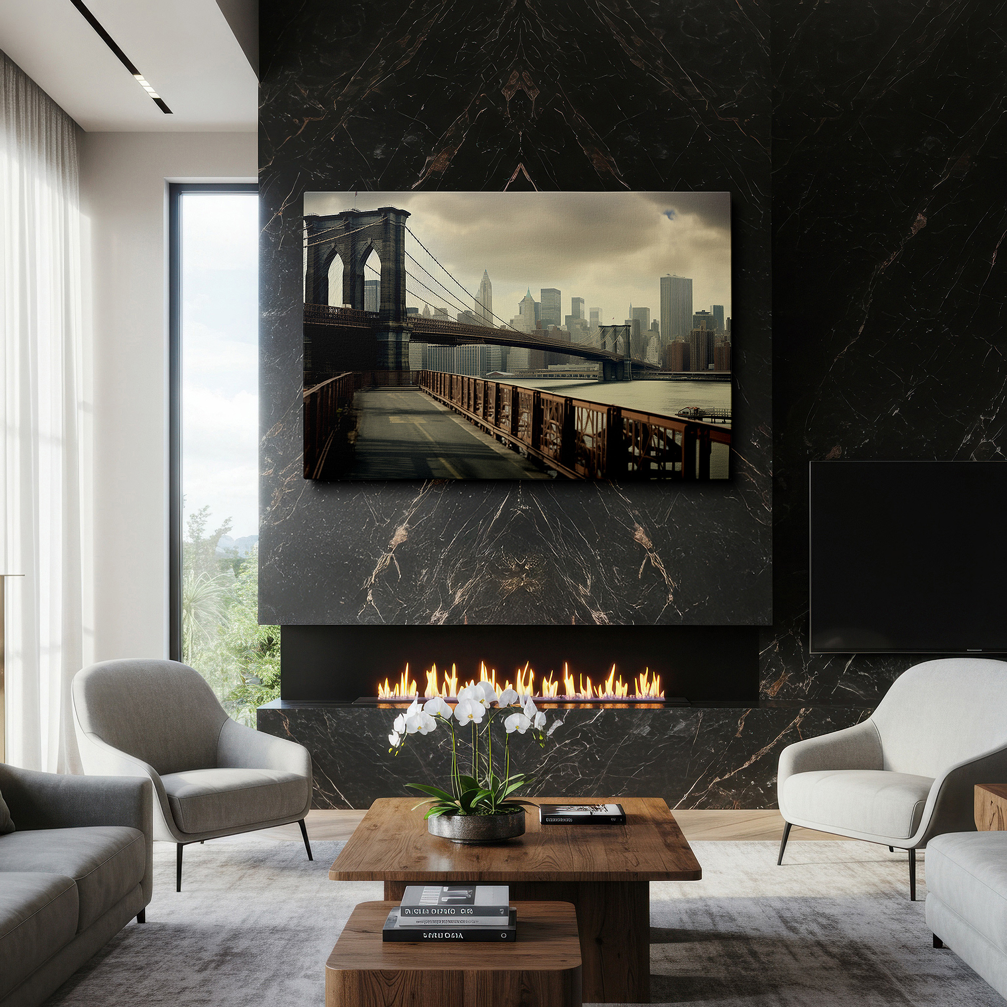 Featured in a dining room with dark wood furniture and candlelight — brooklyn bridge and nyc skyline wall art: celebrating engineering and urban spirit - large canvas art for office and bedroom decor