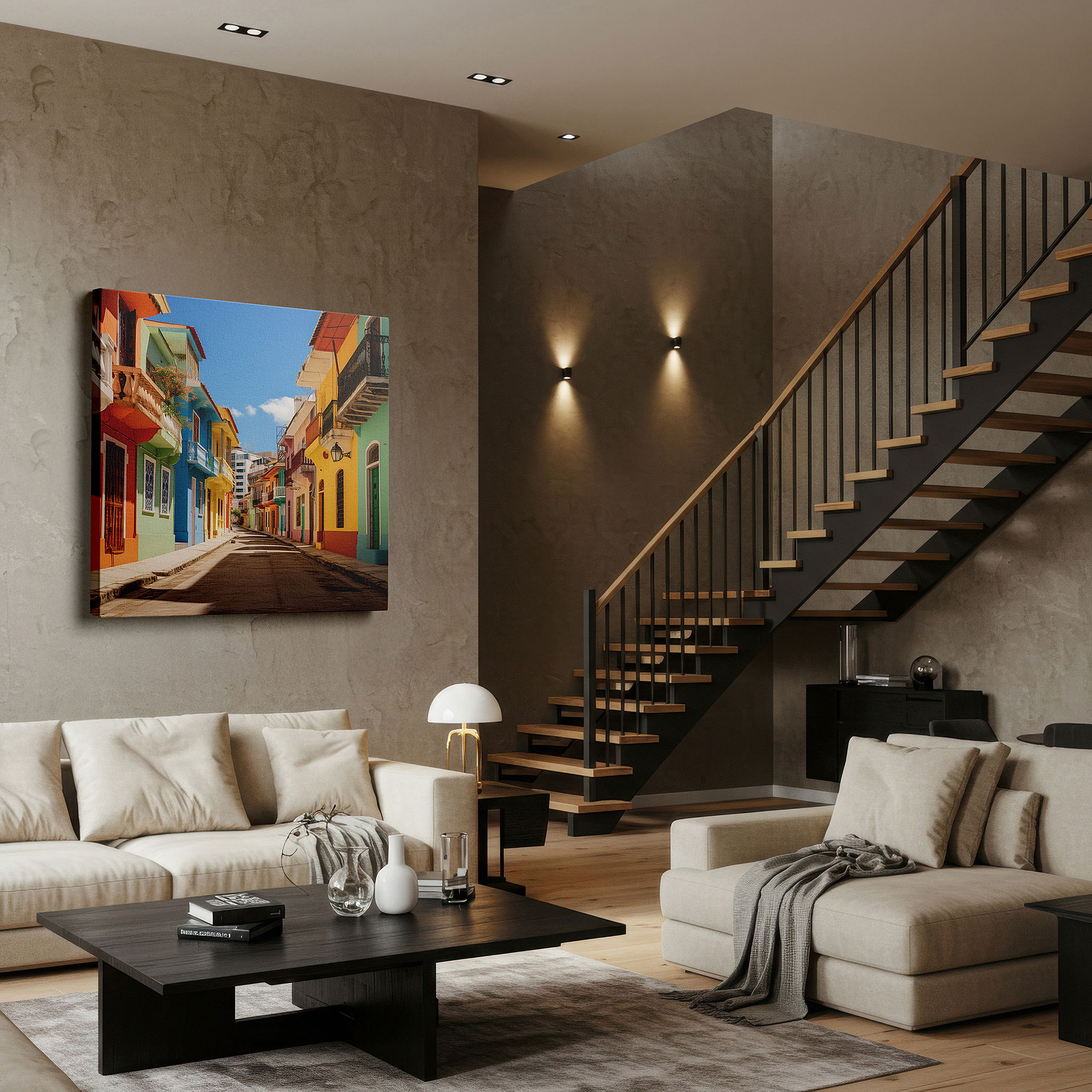 Featured in a dining room with dark wood furniture and candlelight — cartagena vibrance: gateway to colombia's caribbean jewel - large wall art, canvas decor for office and bedroom