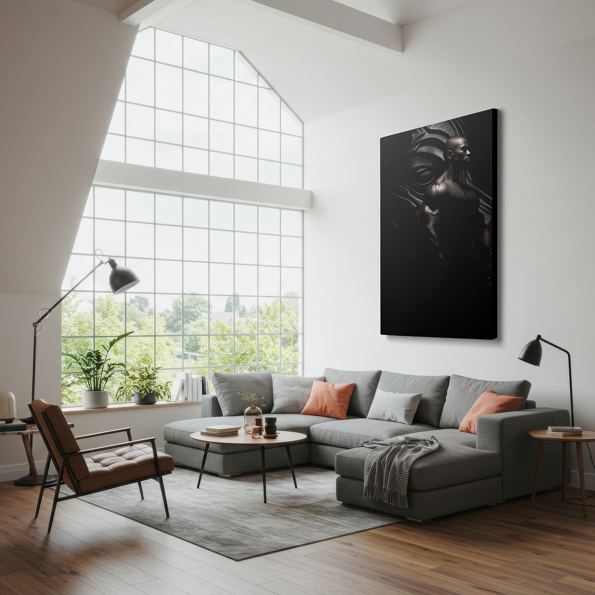 Featured in a dining room with dark wood furniture and candlelight — chiaroscuro muscular figure: a bold expression of strength and contemplation - large wall art, canvas wall art, wall decor for office and bedroom