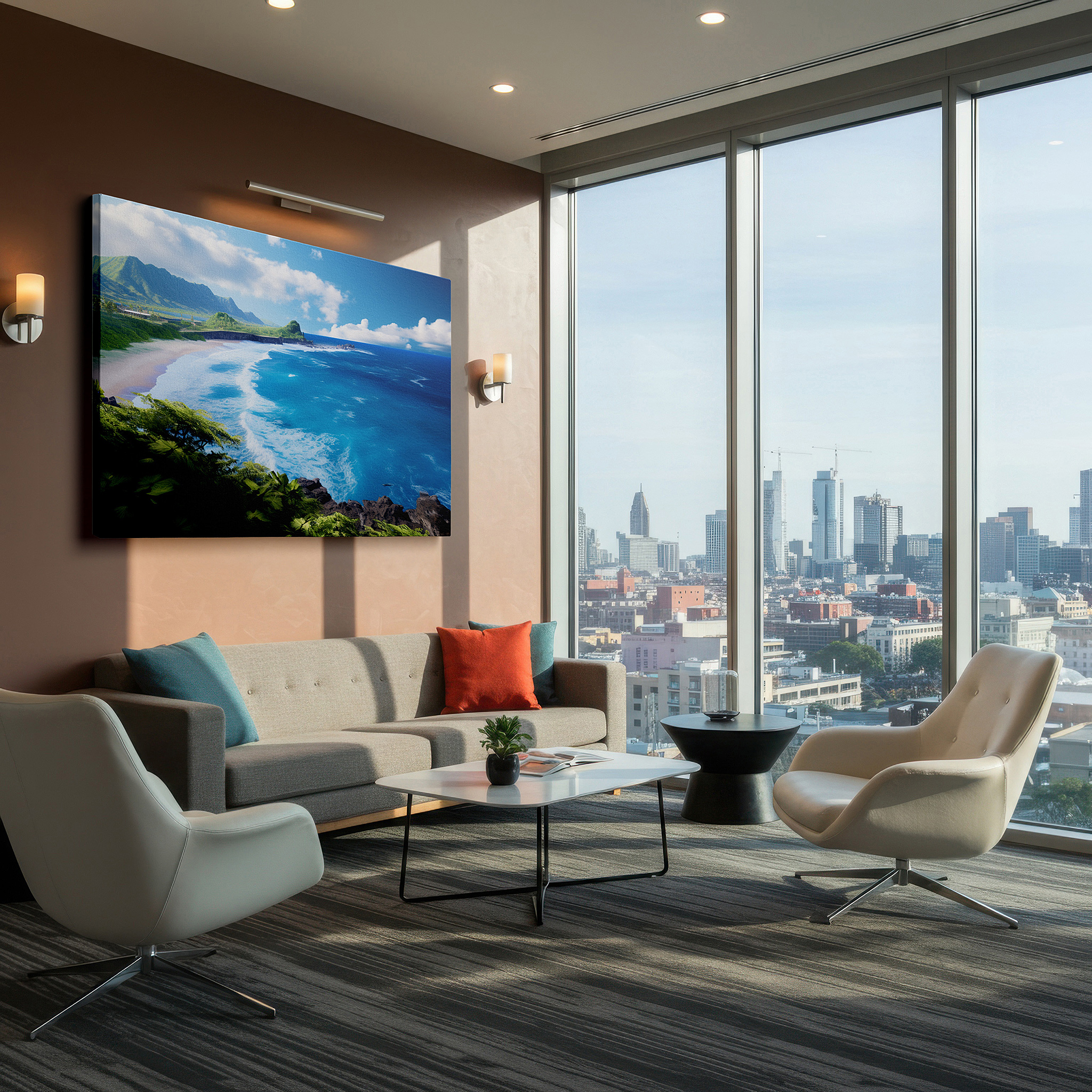 Featured in a dining room with dark wood furniture and candlelight — coastal tranquility: lush hills and vibrant ocean waves - large canvas wall art for office, bedroom, and living room decor